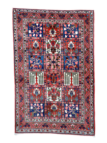Persian Bakhtiari rug featuring a blue-red central medallion and patterned border