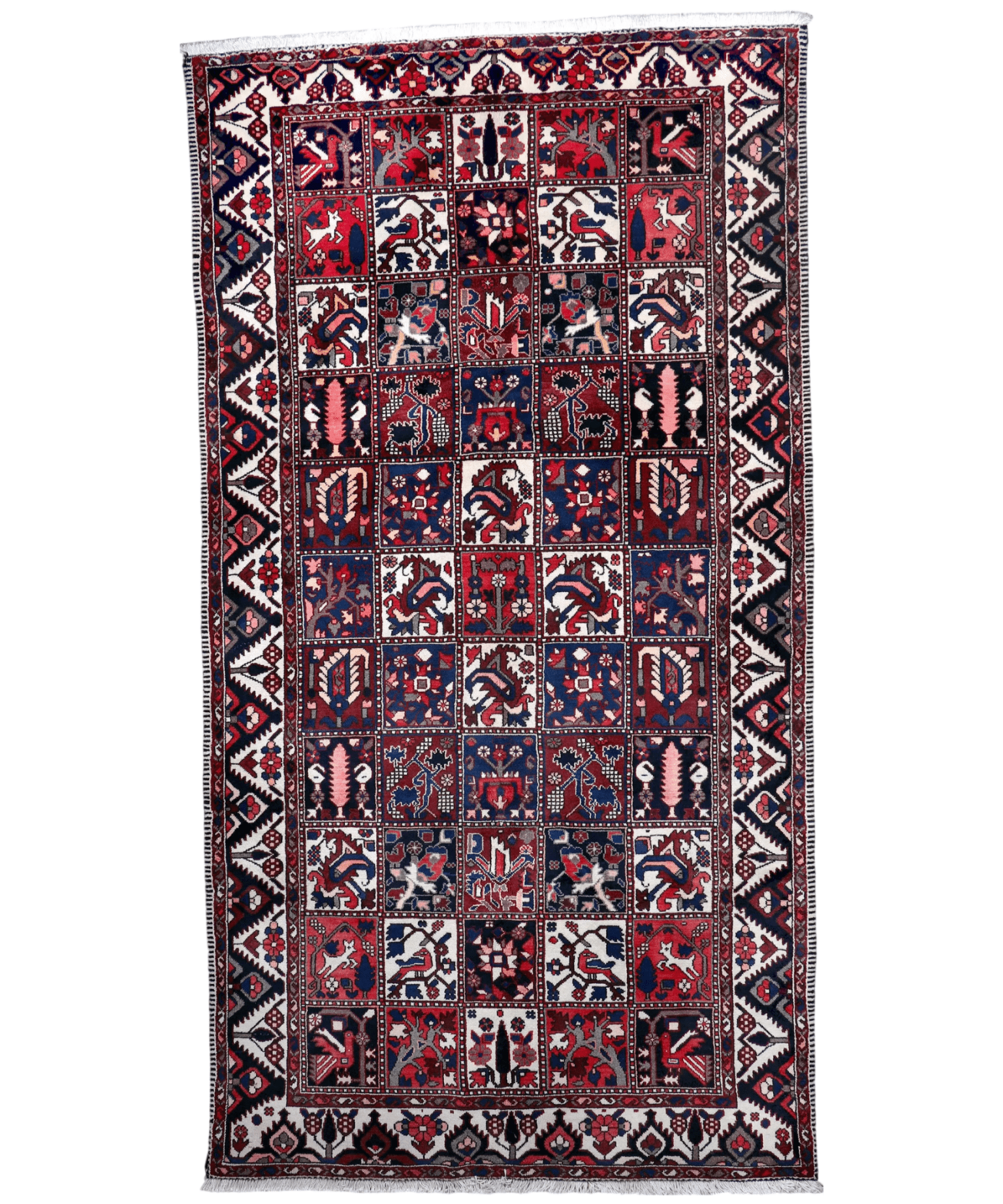 Bakhtiari Persian rug with navy, red, and cream geometric panel design.