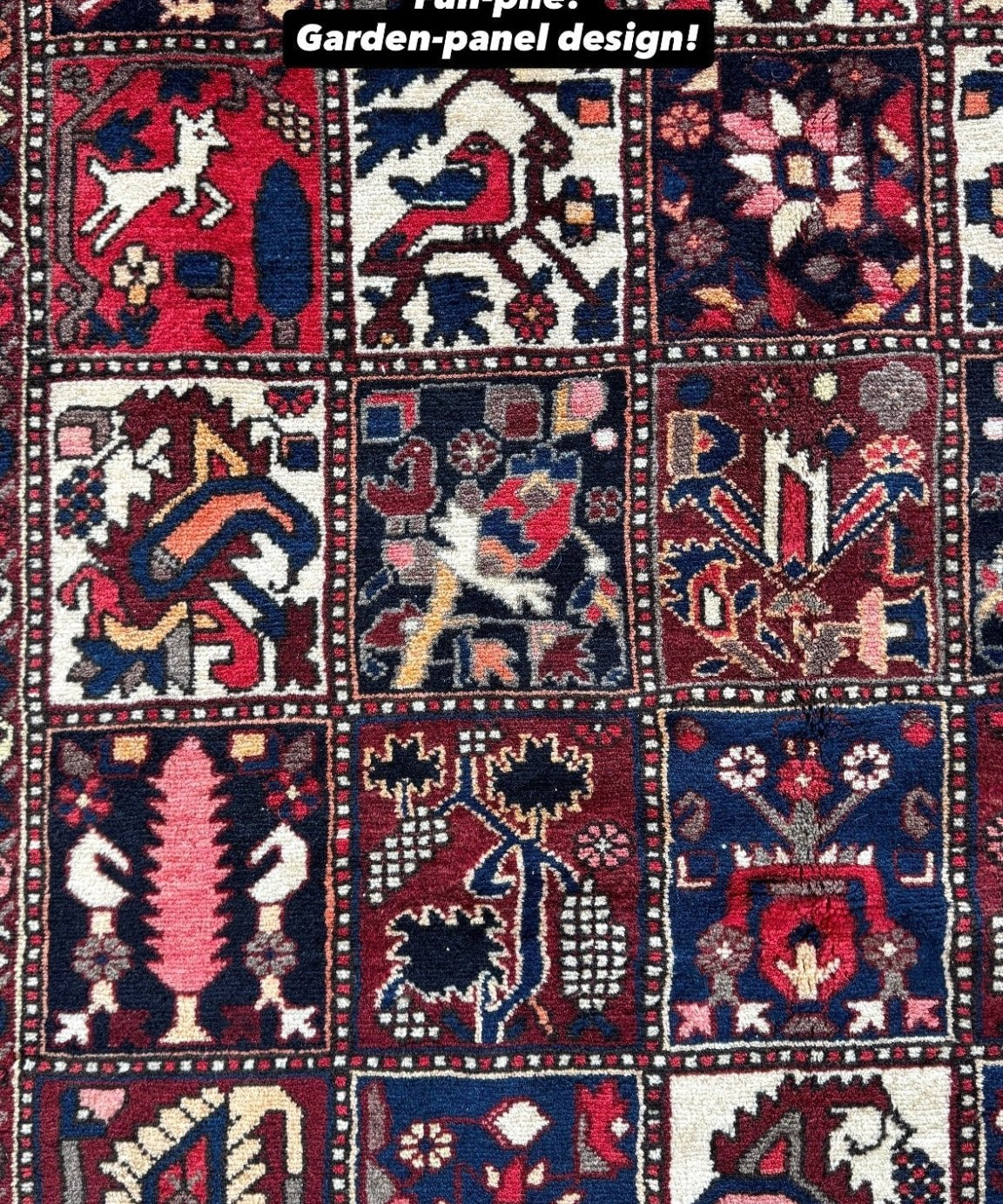 Bakhtiari Persian rug, multicolor geometric medallion pattern, full-pile texture.