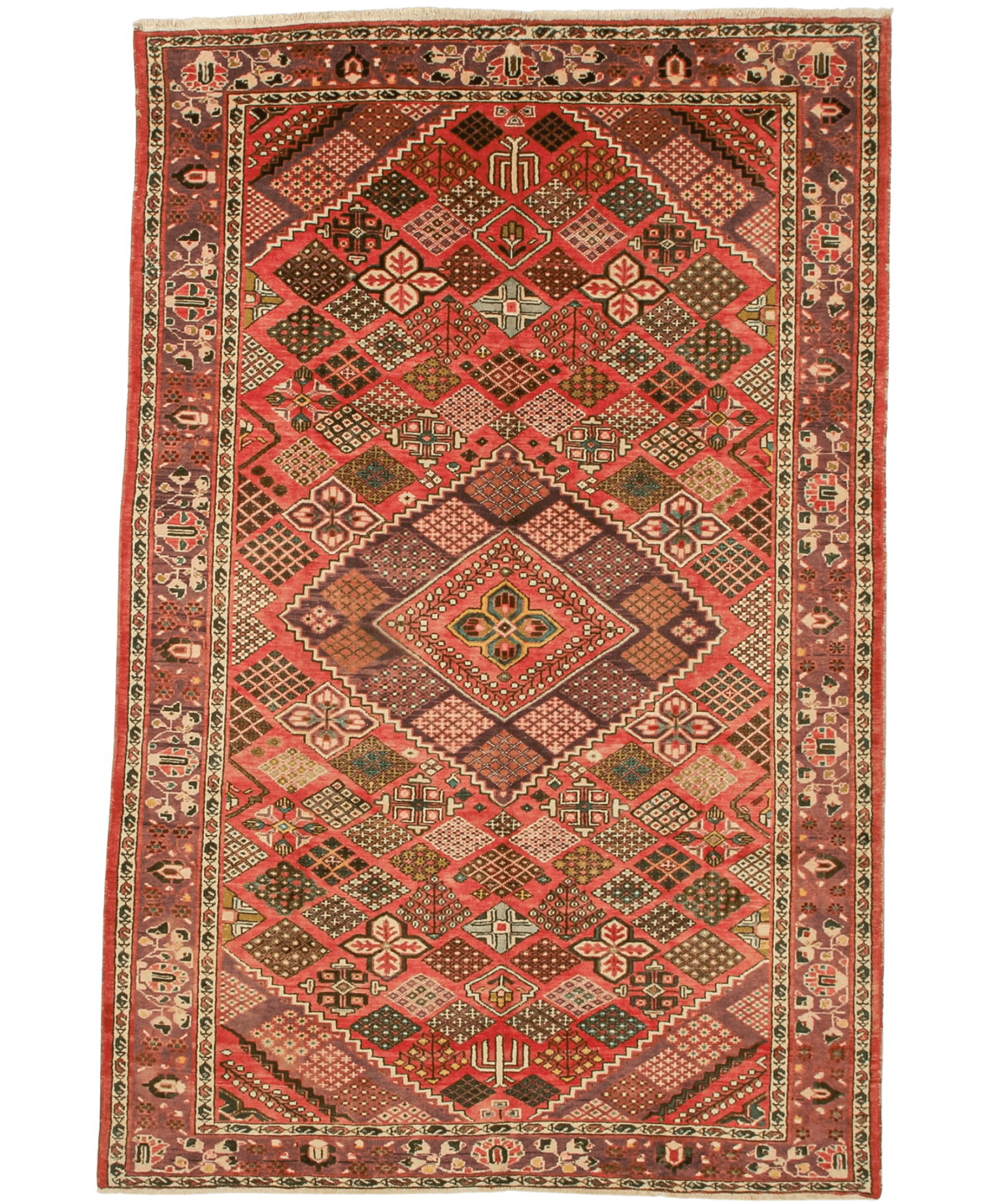 Persian Bakhtiari rug square design with red central medallion and tan border