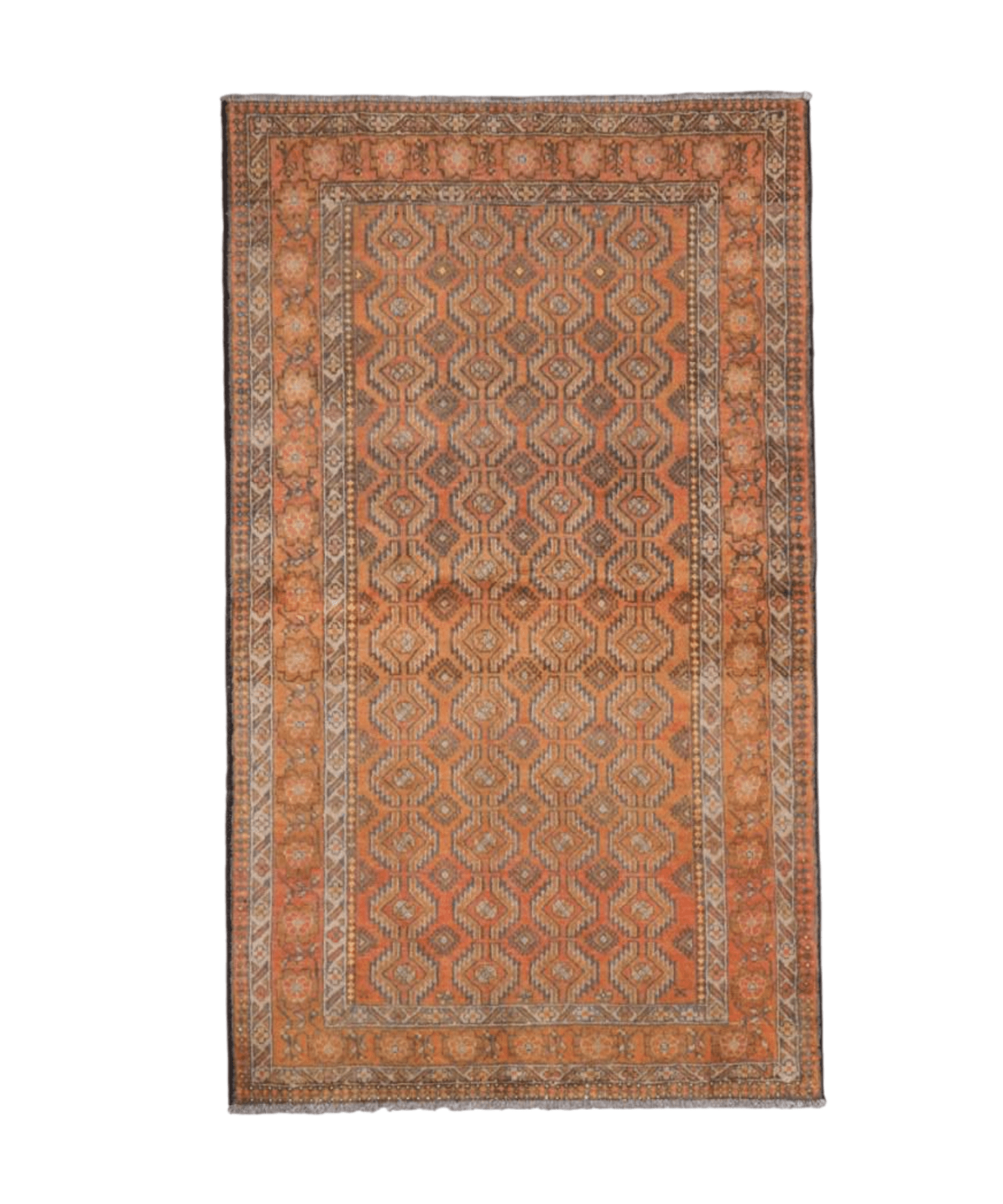 Persian Baluch rug with geometric medallion design, rust and tan tones, detailed border.