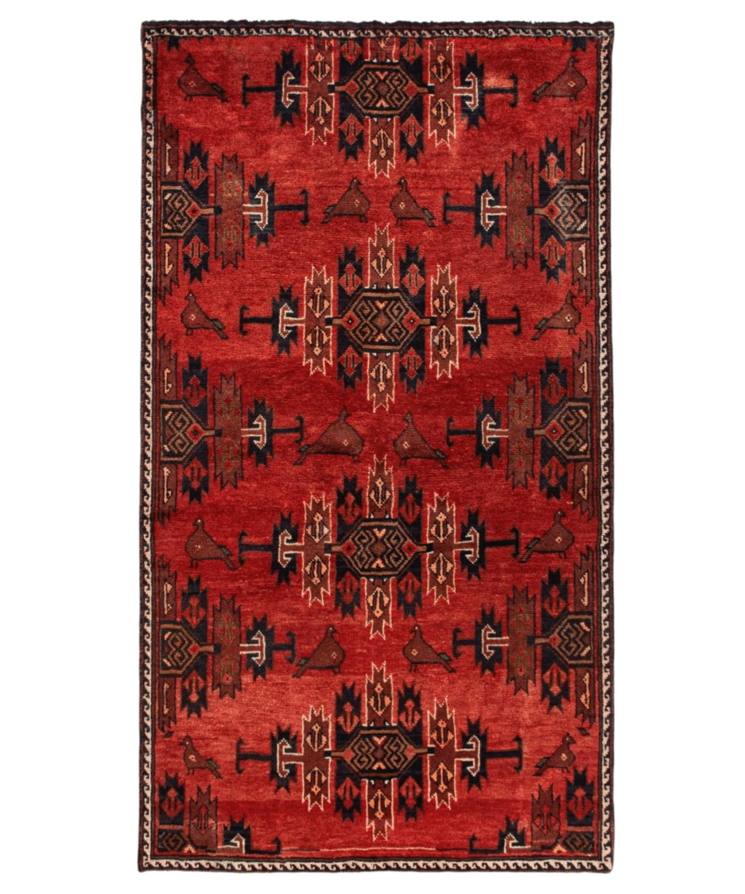 Red rug with central medallion and dark geometric border, full view