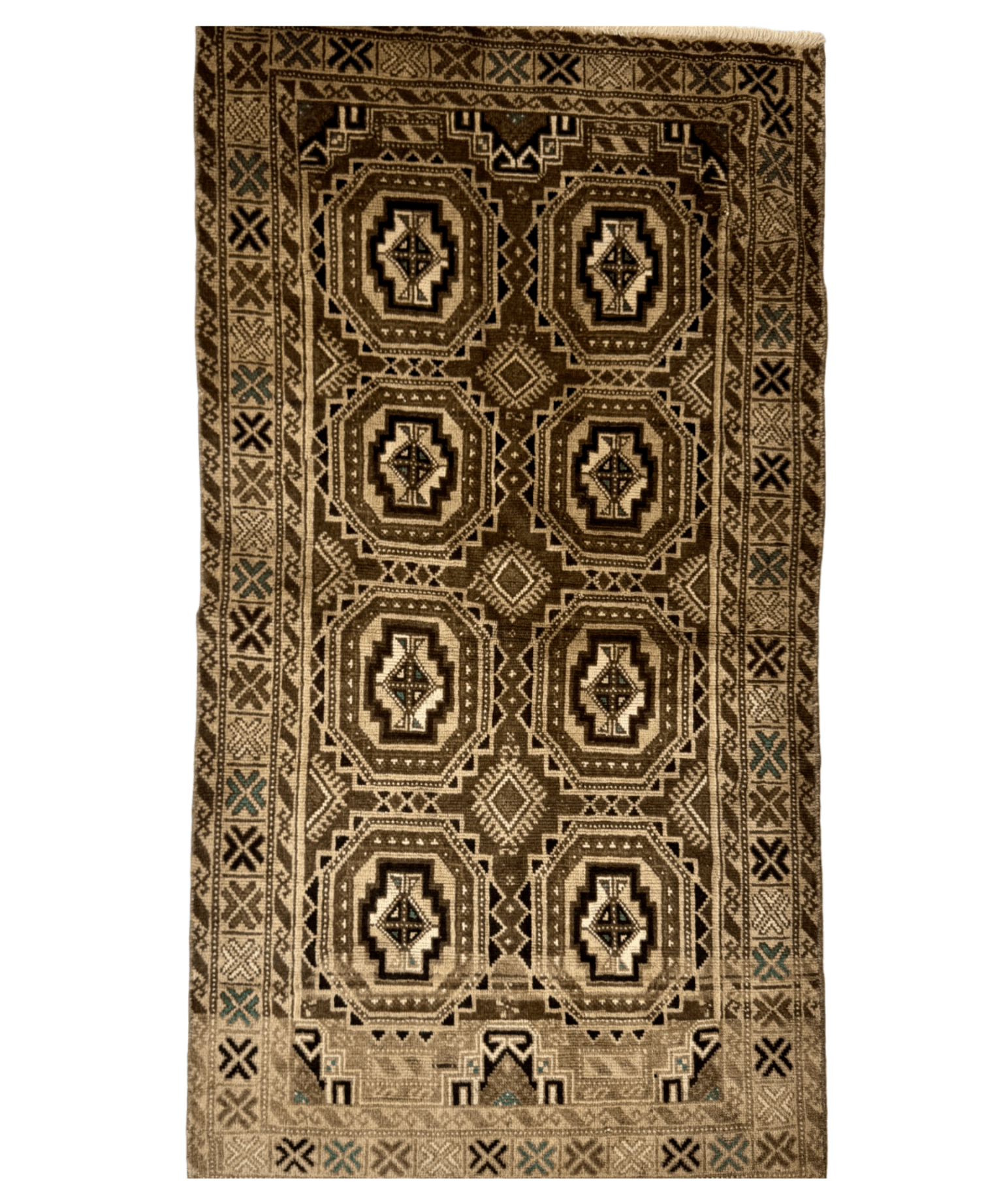 Persian-style rug with dark brown field and repeating octagon medallions in cream outlines.