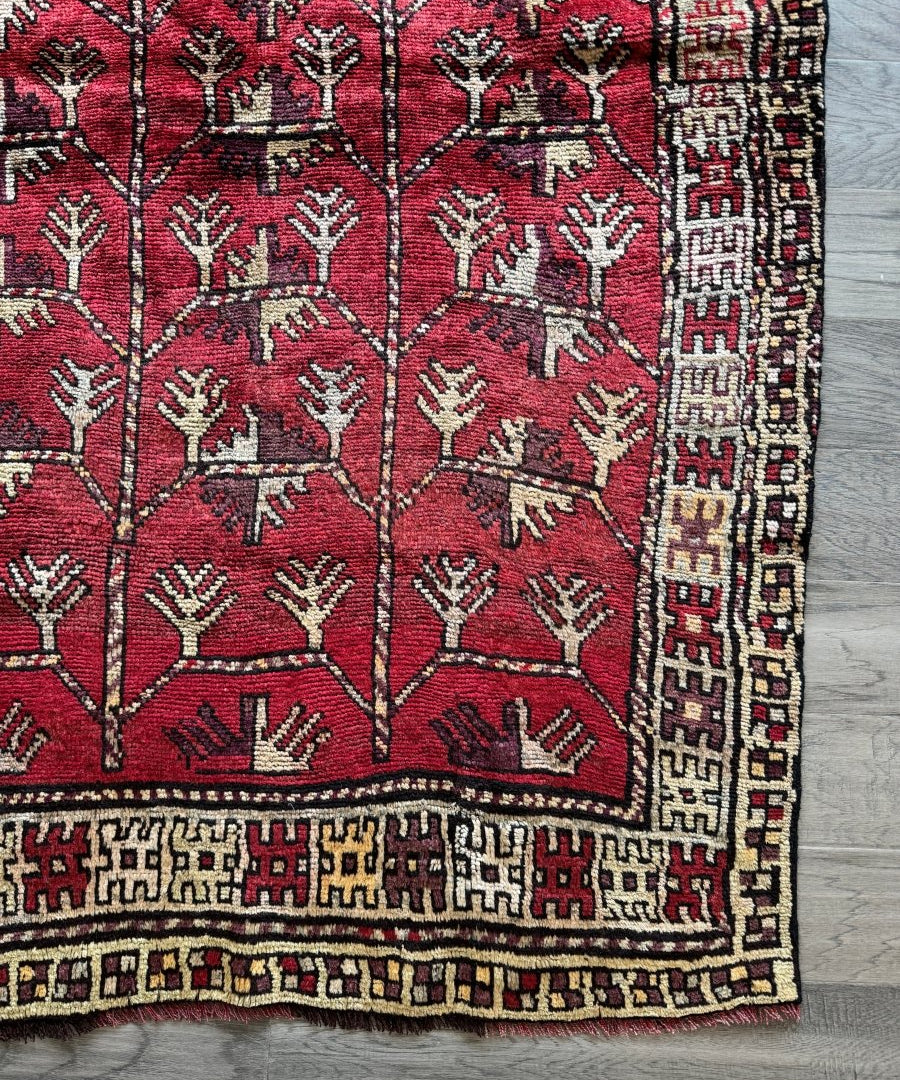 Red Persian rug with tree medallion pattern, cream and black border, short pile