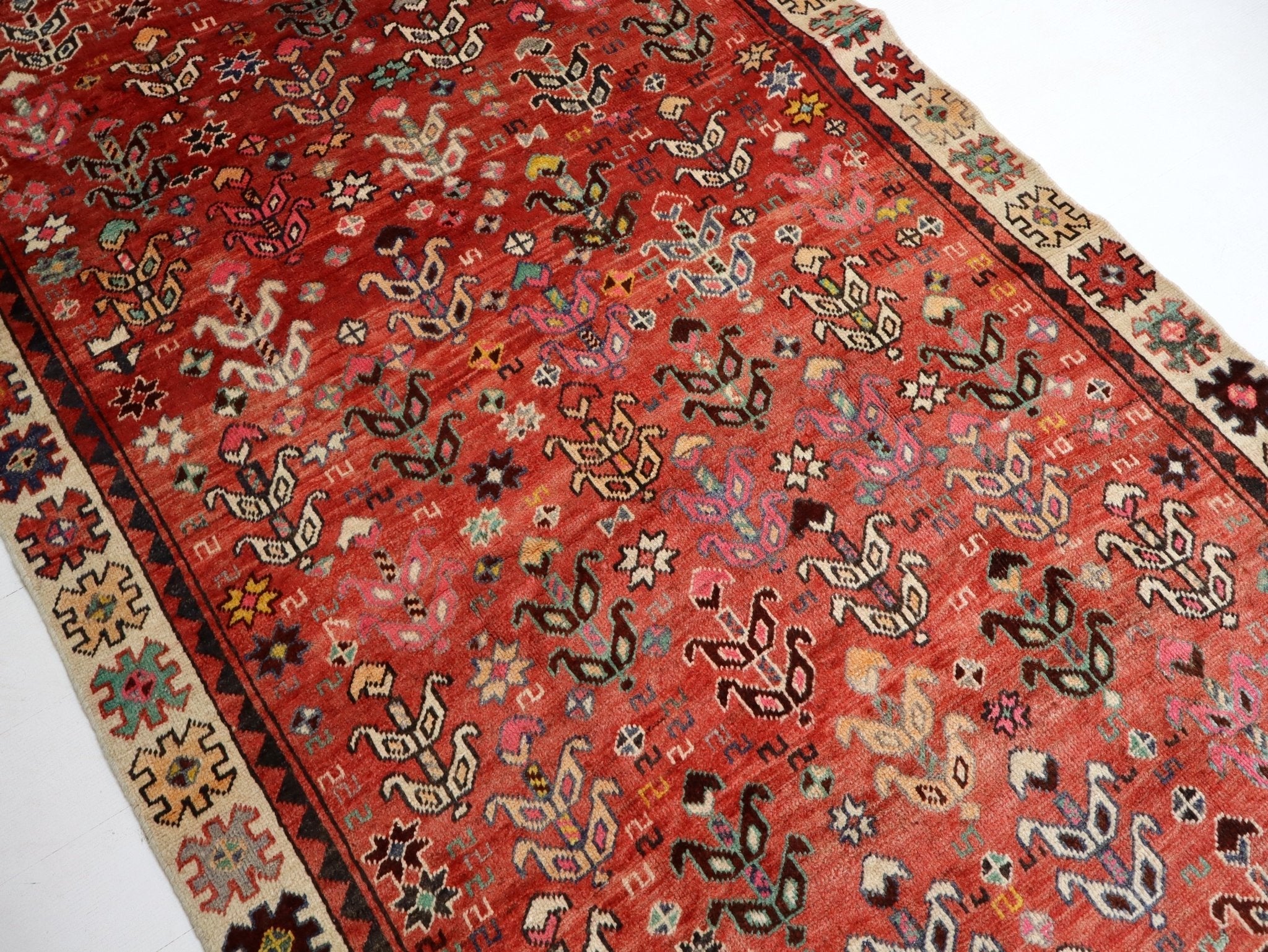 Persian Baluch rug with red field and geometric border, corner detail.