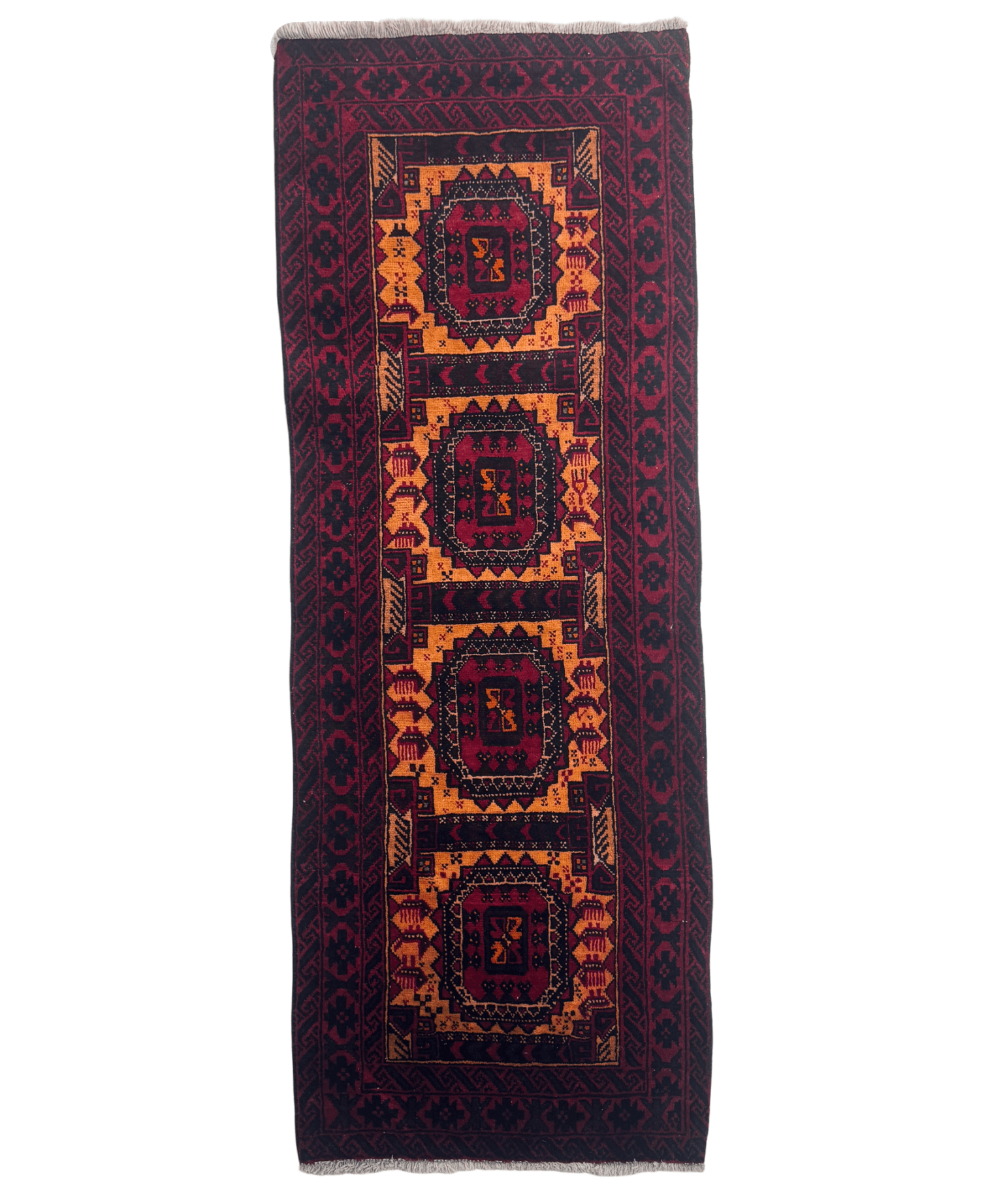 Persian Baluch runner rug with vertical navy and red medallion pattern on wine red ground