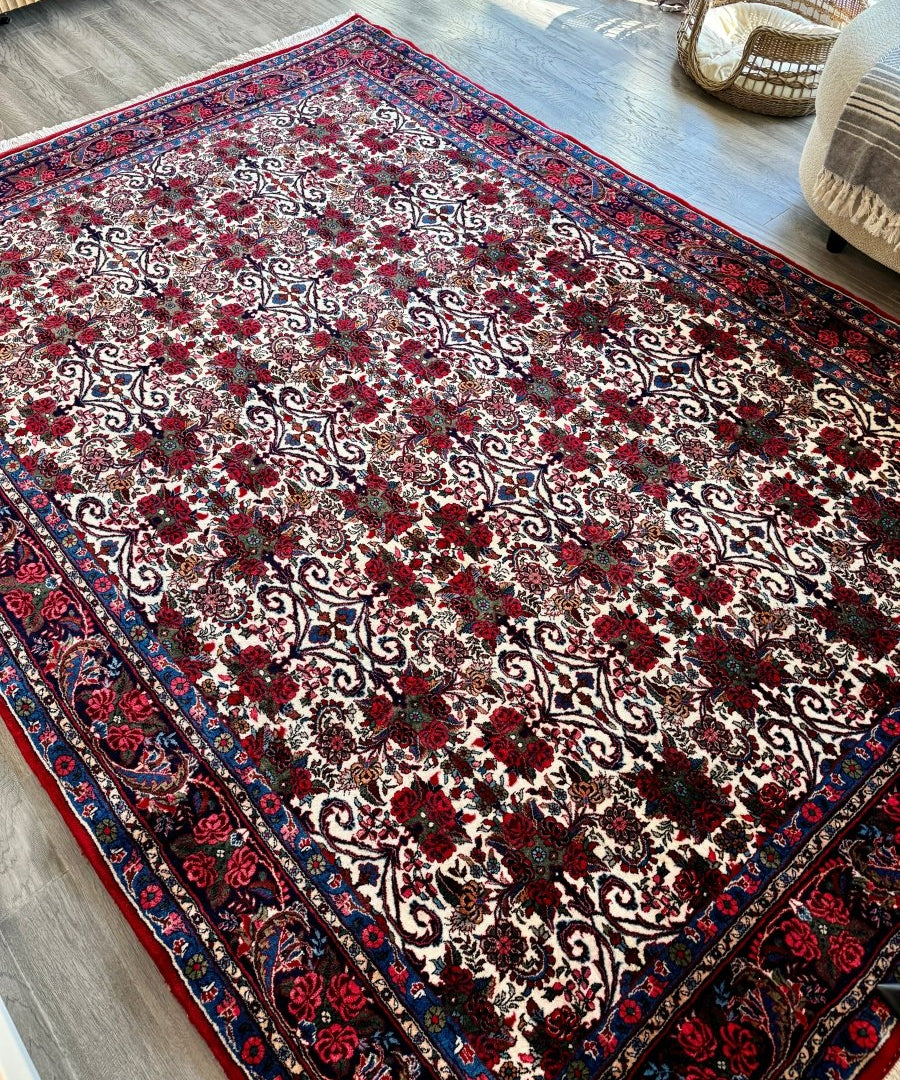 Bidjar-style rug laid flat, ivory background with red and navy floral pattern, blue edge
