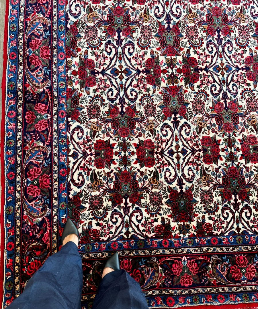 Bidjar-style rug with ivory field, red floral medallions, and blue border stripes
