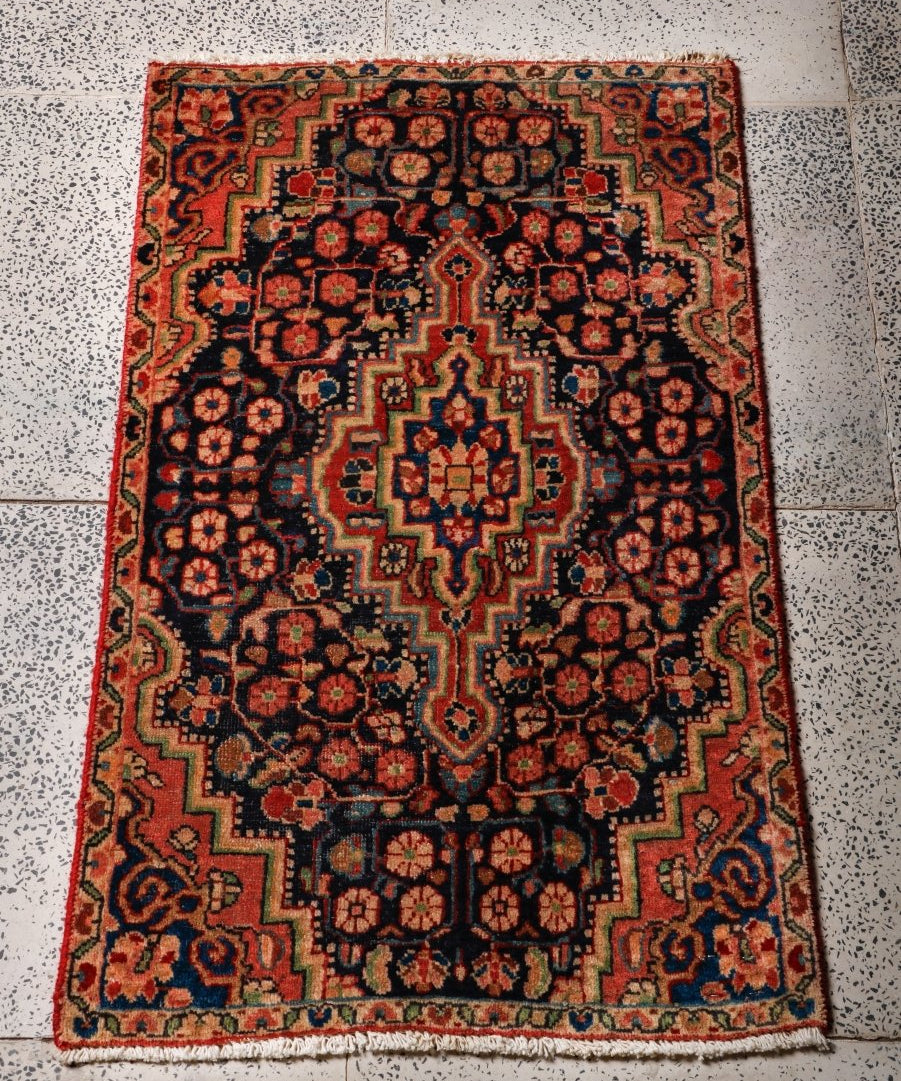 Persian Bidjar rug showing navy field with red side border and multicolor medallions