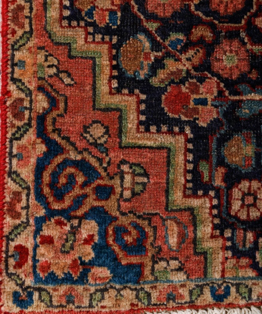 Persian Bidjar rug close-up of border with zigzags, rosettes, and multicolor detailing