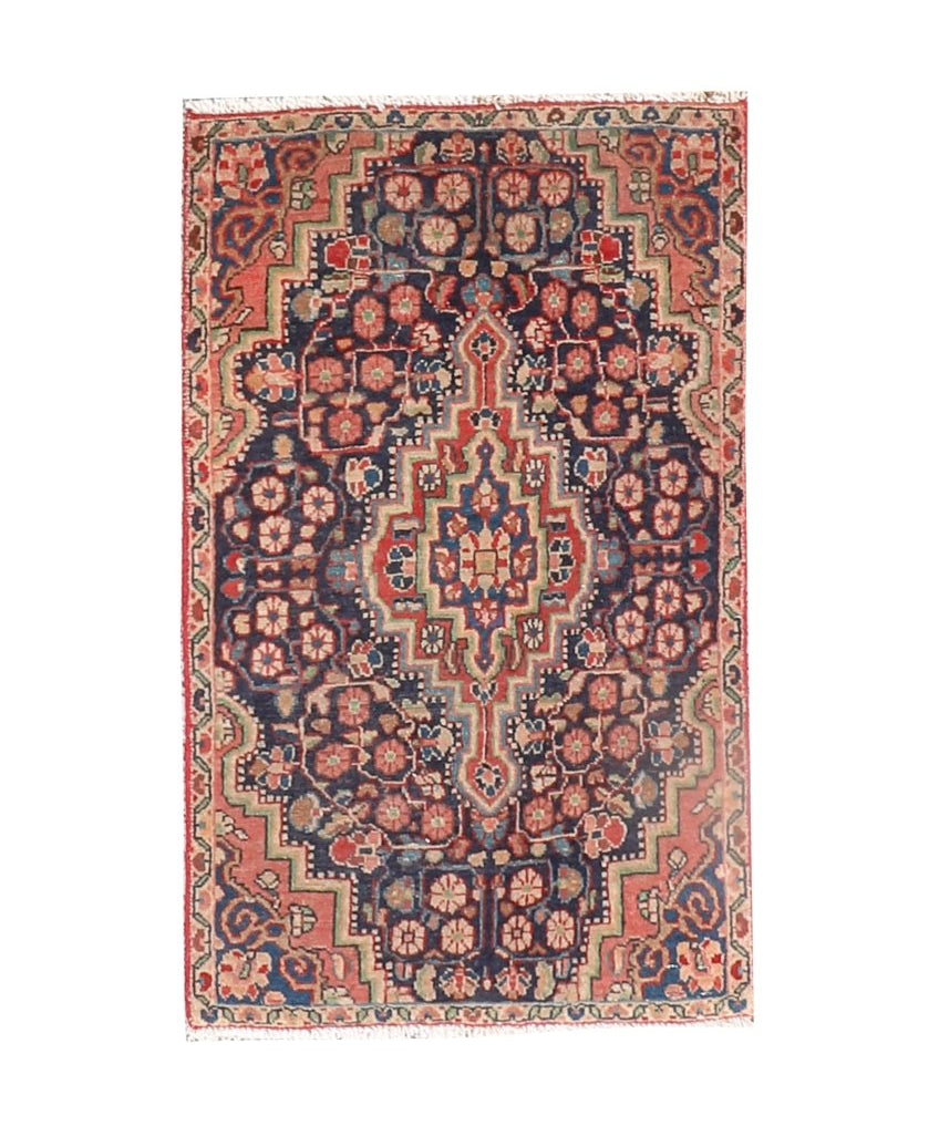 Persian Bidjar rug with navy center medallion and red border, intricate geometric motifs