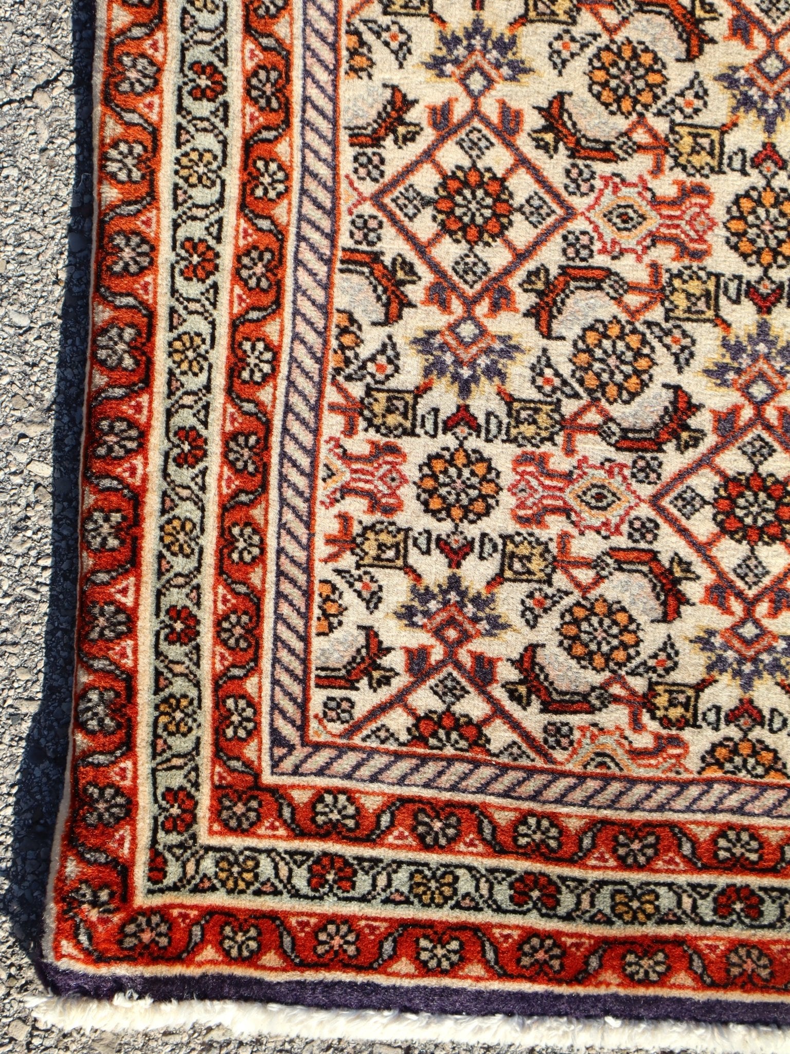 Persian Bidjar rug corner close-up with striped border and red, orange, and black motifs.