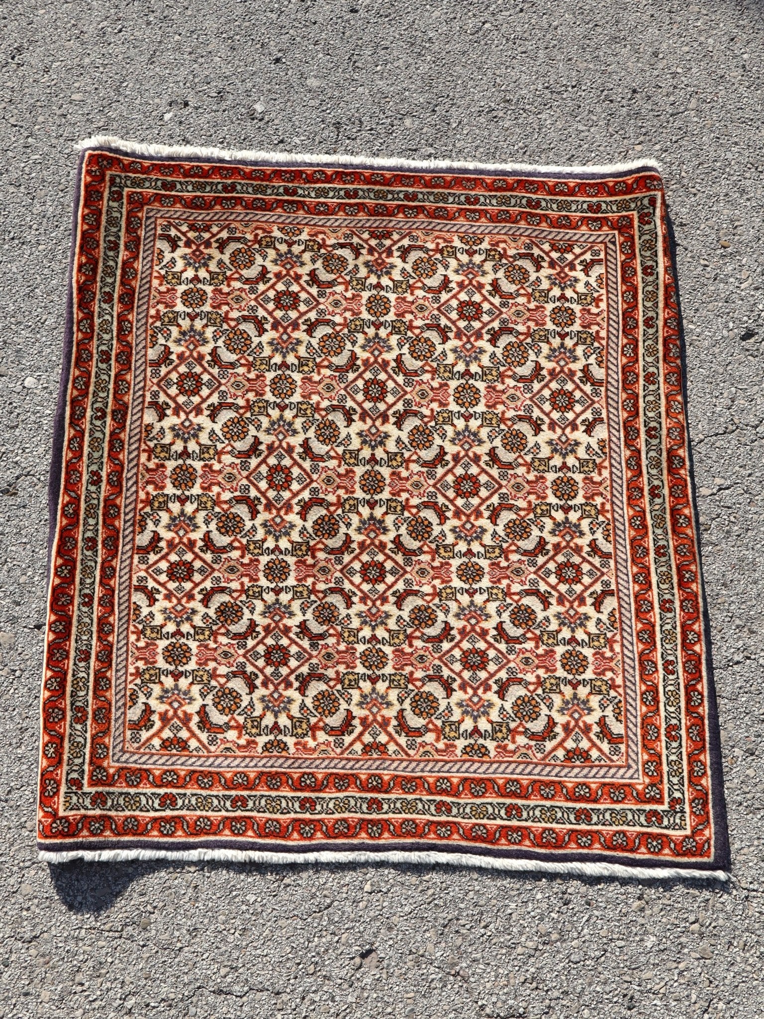 Small Persian Bidjar rug square with cream center, red border, and ornate medallion pattern.