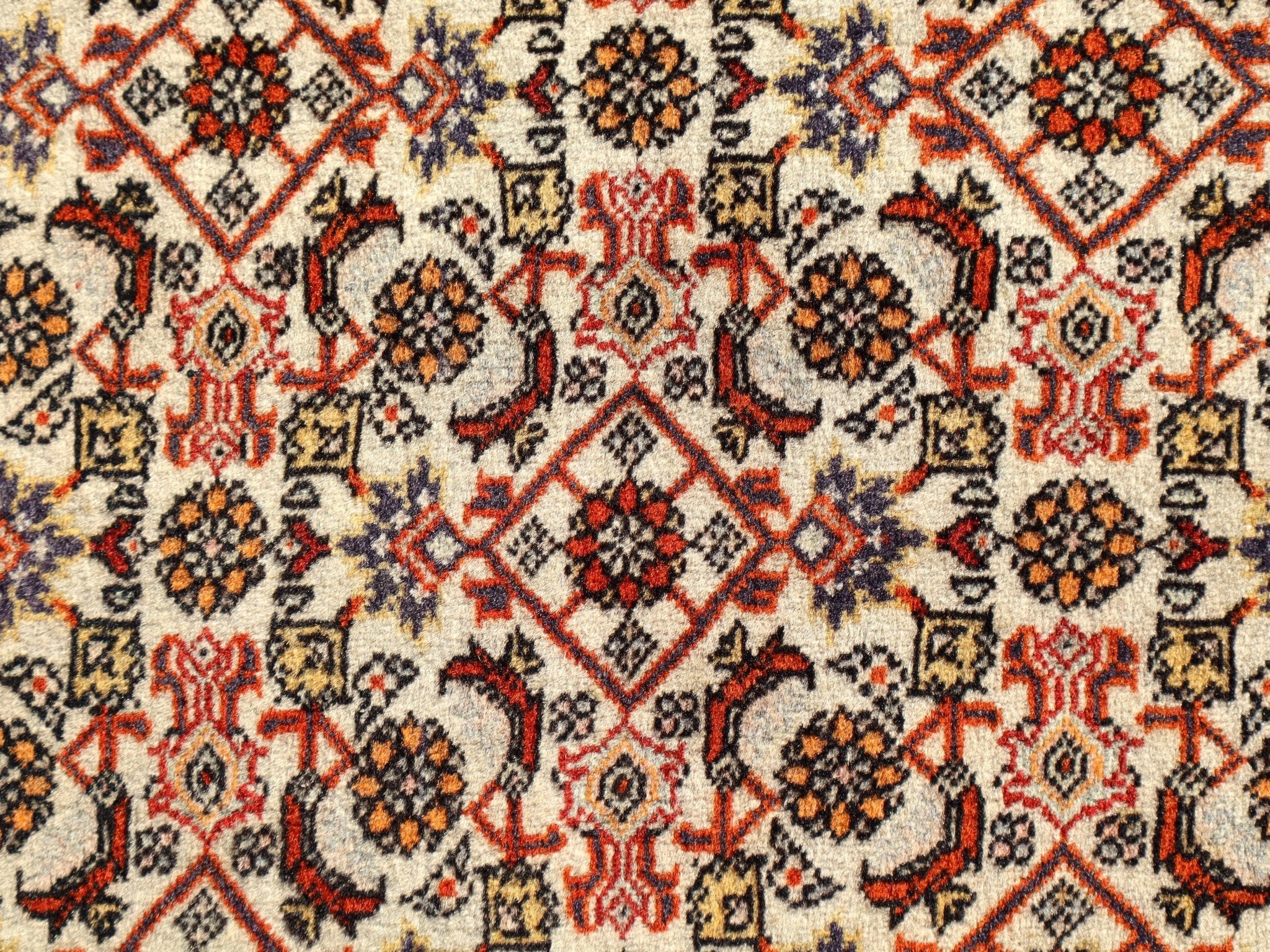 Persian Bidjar rug surface close-up with cream ground and repeating flower-and-lattice motifs.