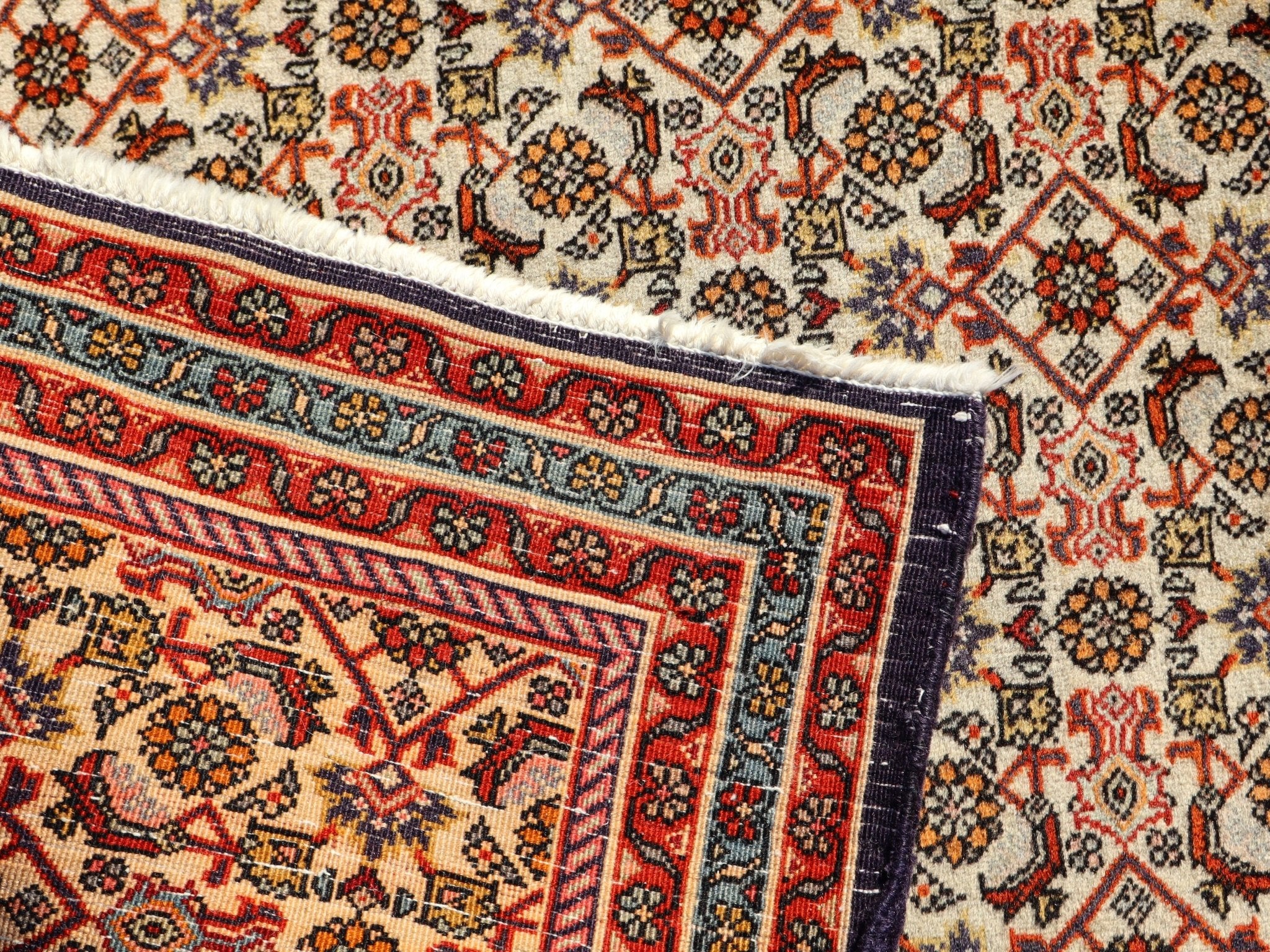 Persian Bidjar rug border close-up with red panel, navy trim, and geometric guard stripes.