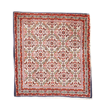 Persian Bidjar rug with cream field, red border, and multicolor geometric medallions.