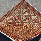 Persian Bidjar rug folded corner view showing cream field, red border, and patterned medallions.
