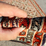 Persian Bidjar rug close-up with patterned pile and red-and-cream design details.