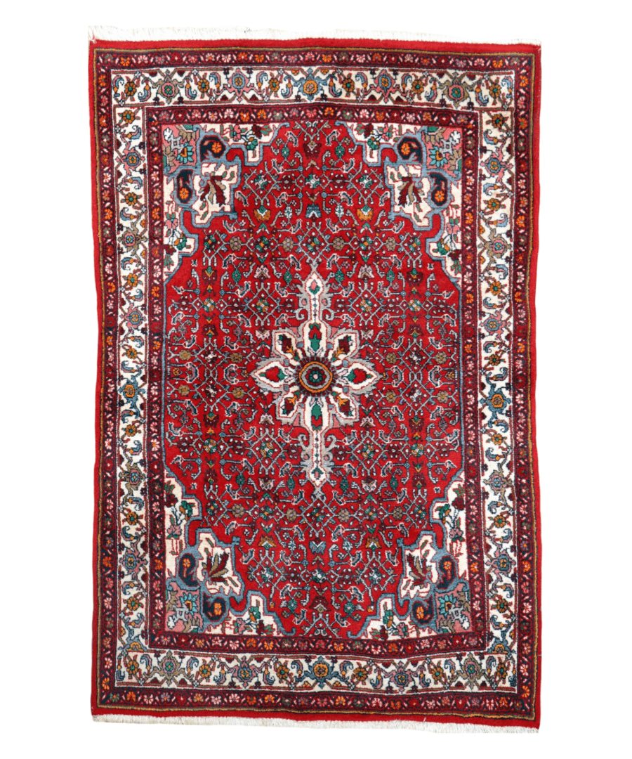 Bidjar Persian rug, red with central medallion, multicolor geometric border, 3'5"x5'3"
