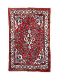 Bidjar Persian rug, red with central medallion, multicolor geometric border, 3'5"x5'3"