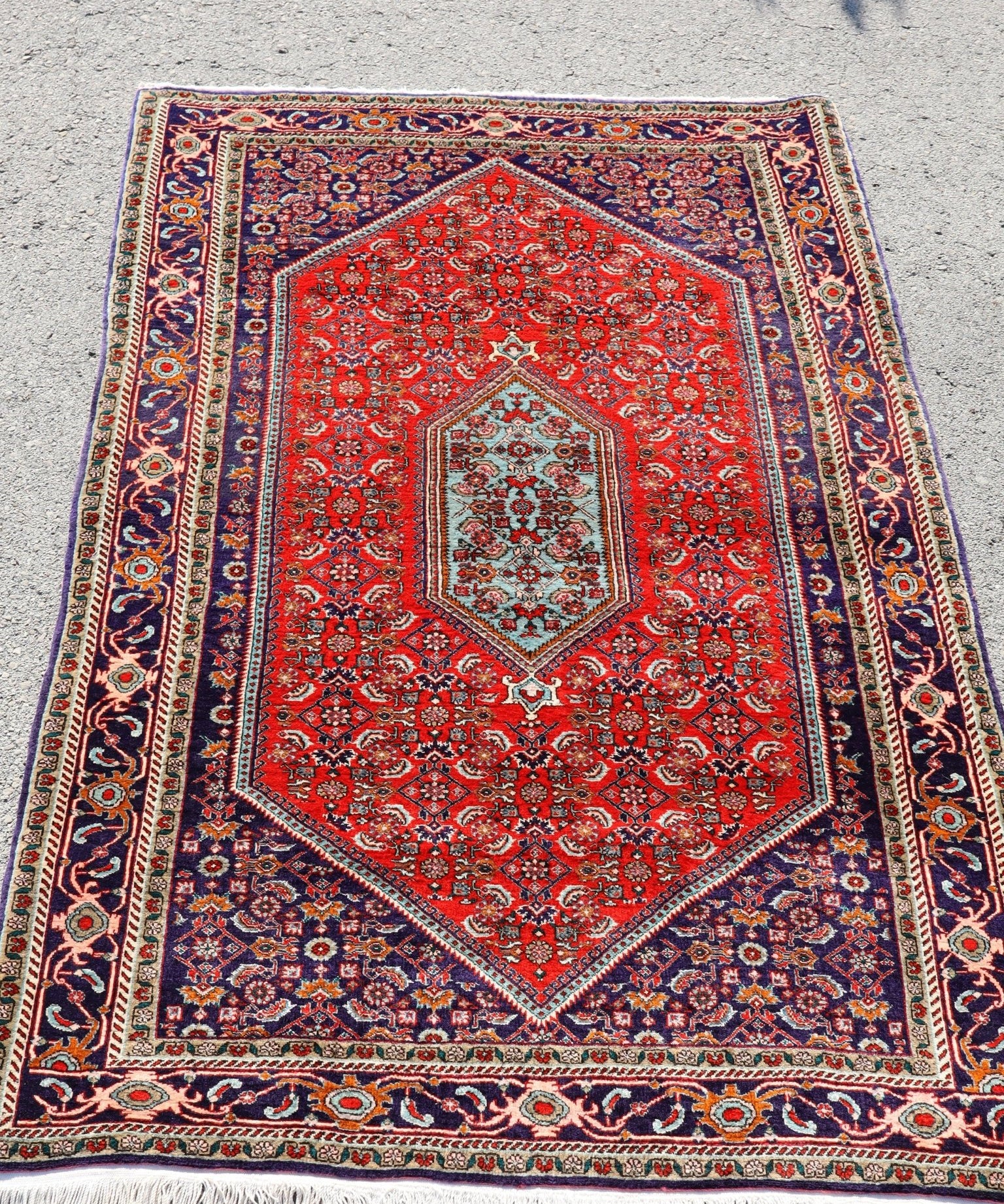 Persian Bidjar rug with red field, octagonal medallion, and blue border