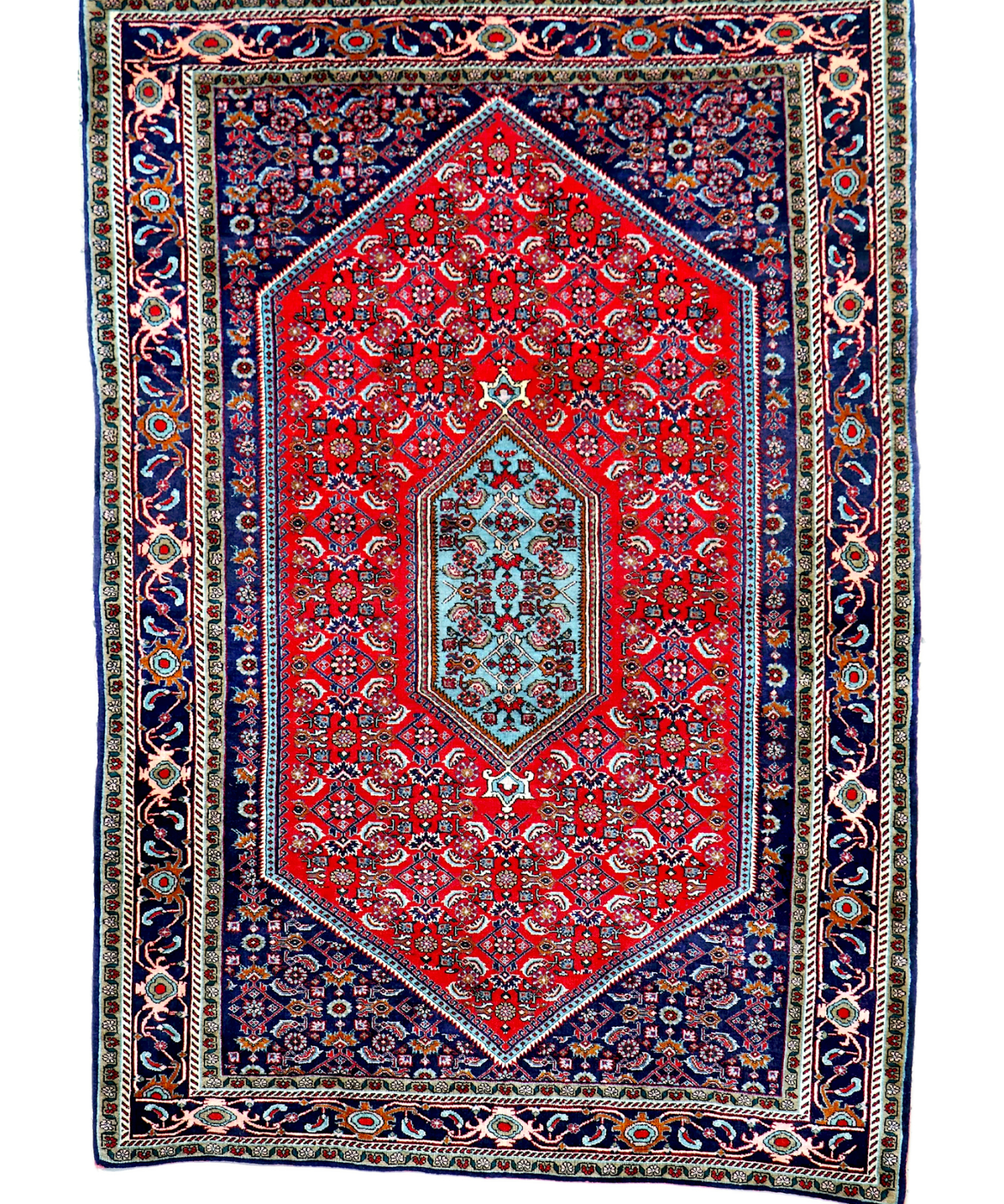 Bidjar rug with red central medallion, navy border, and teal accents