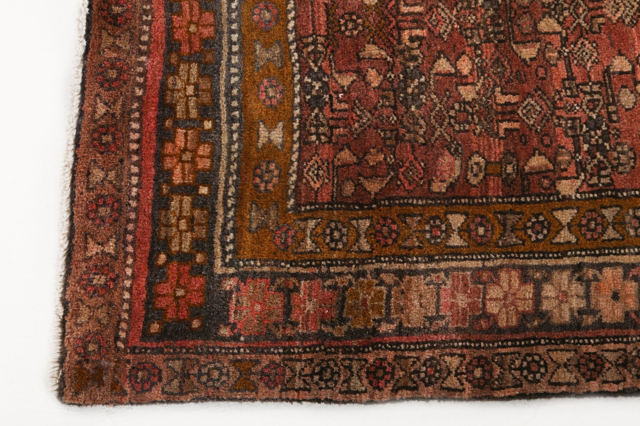 Persian Bidjar rug corner with red ground, blue border, and geometric medallions