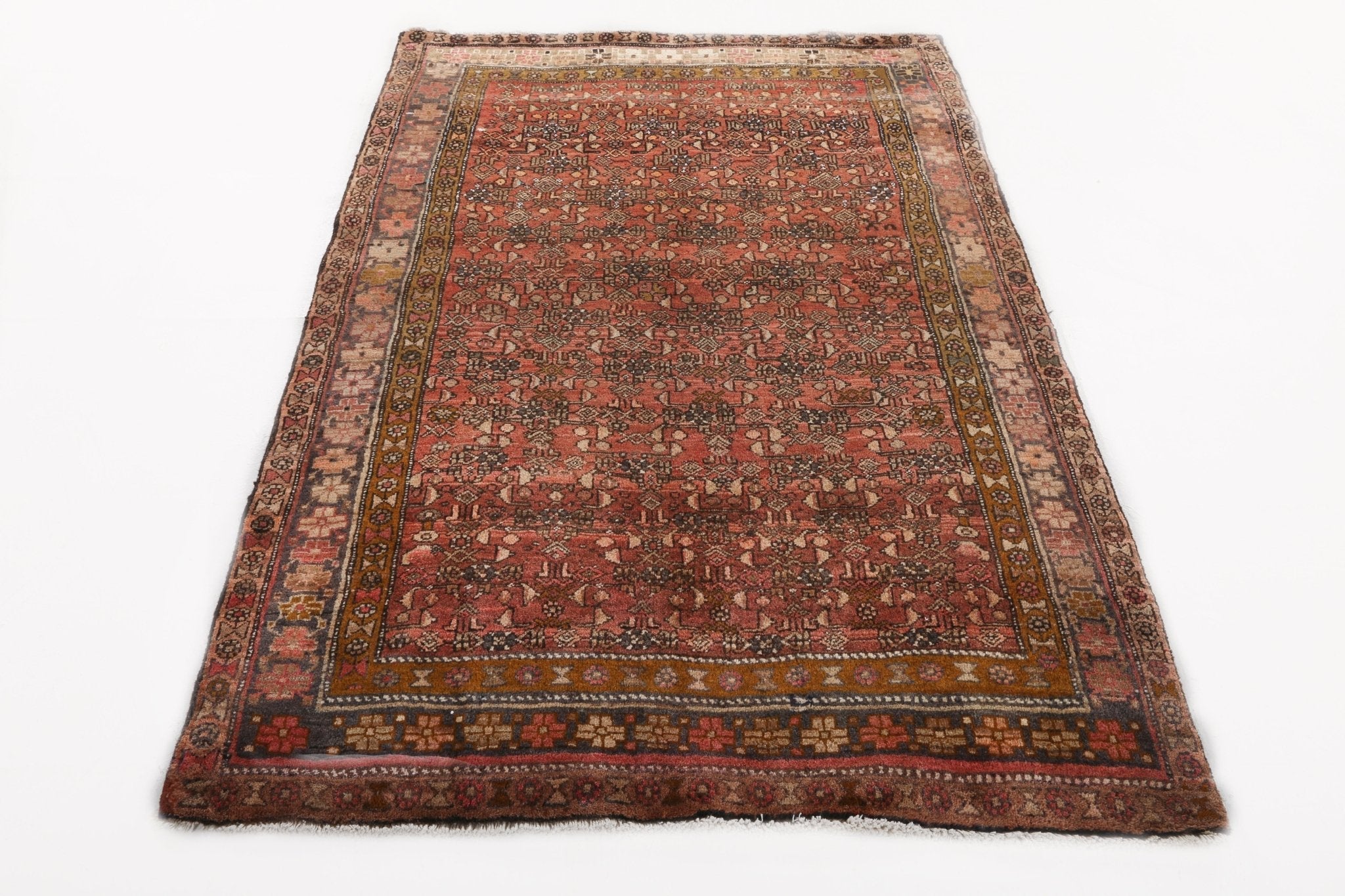 Persian Bidjar rug full view with speckled motif field and patterned border in rust and brown