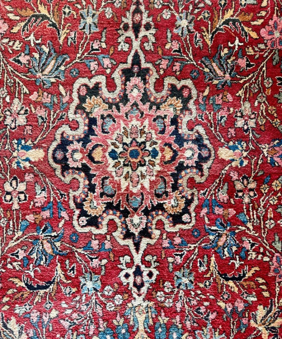 Red Persian Bidjar rug close-up showing central medallion and multicolor vines.