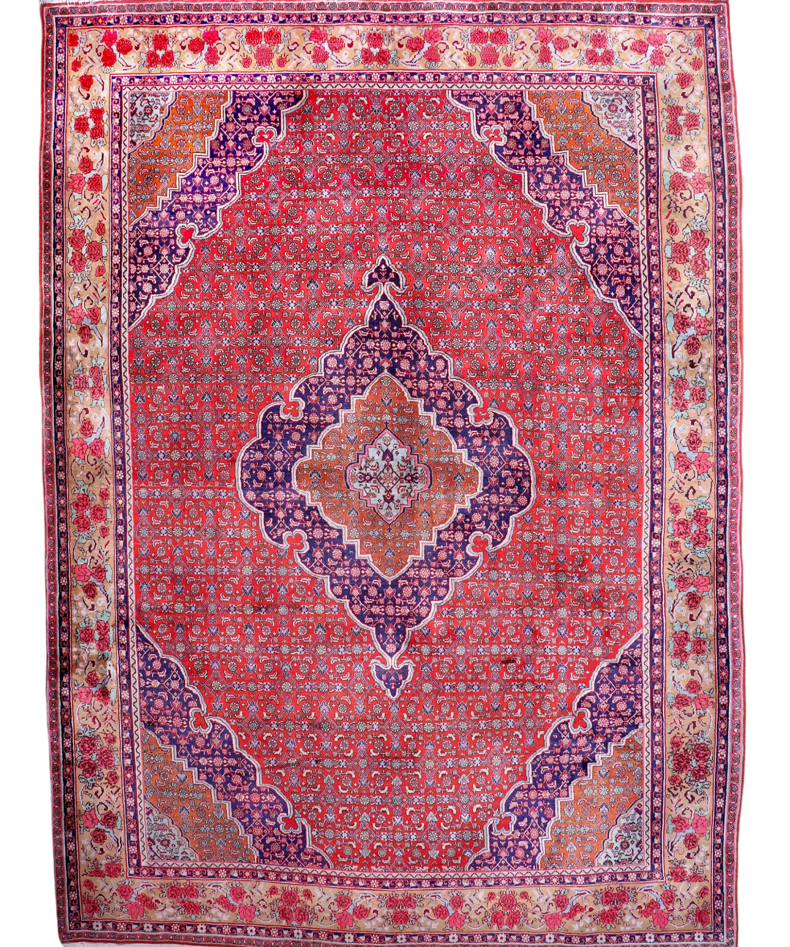 Bidjar rug flat lay: red field with blue corner guard motifs, cream border and fringe