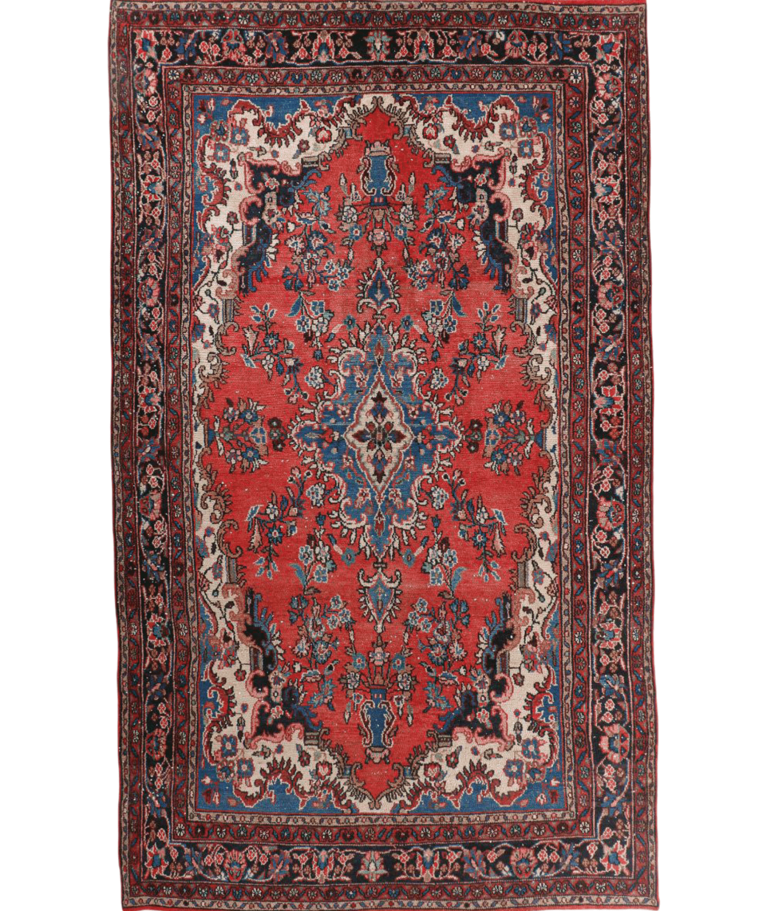Persian rug front view on white background, rust red with cream and navy details