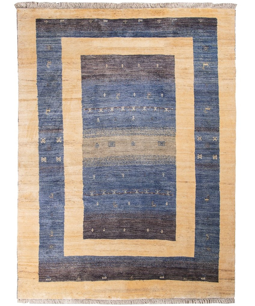 Gabbeh-style Persian rug with blue-gray panel and cream square border, fringed edges