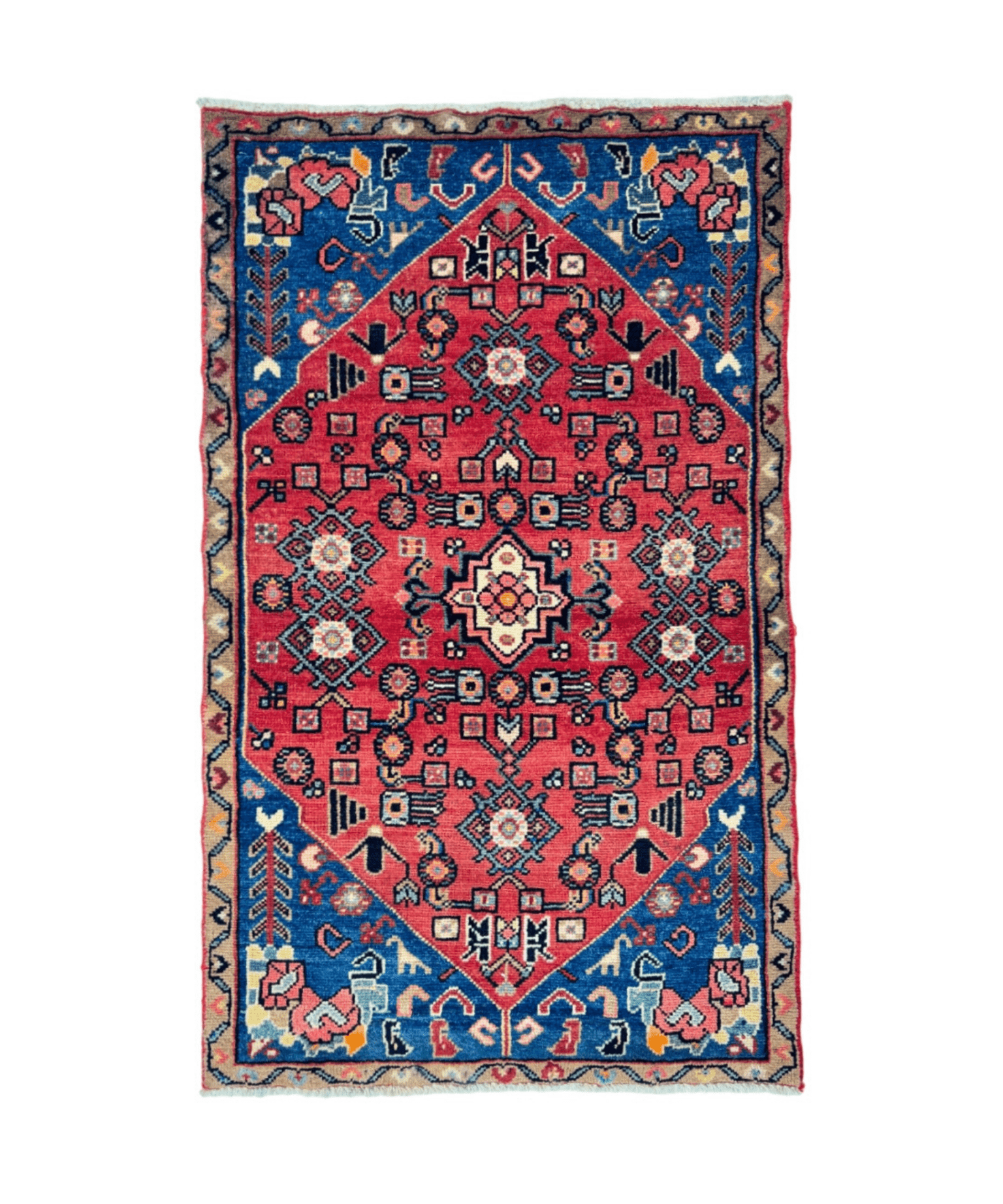 Rectangular red, blue, and tan geometric Persian rug with central medallion.