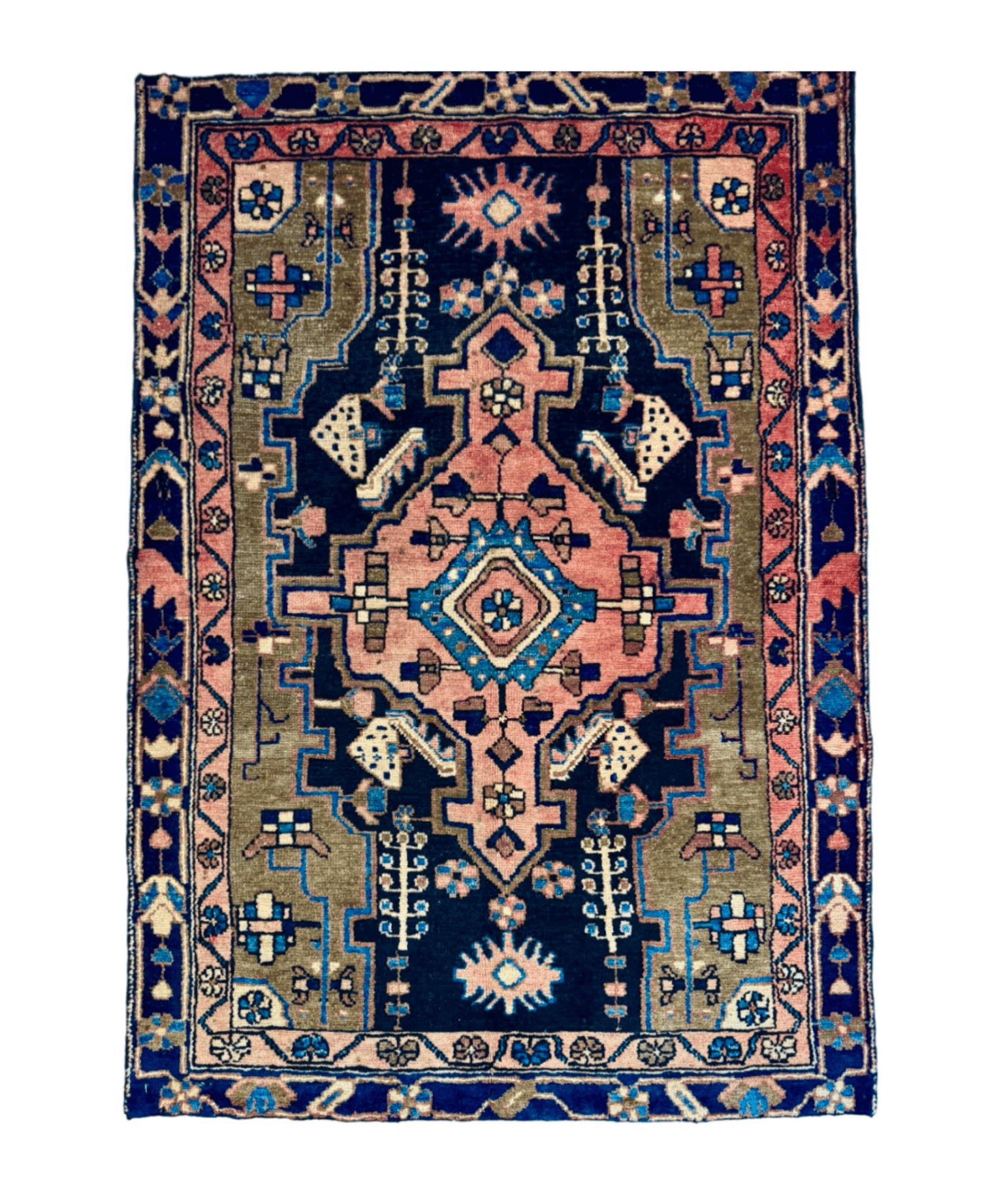 Hamadan Persian rug with diamond medallion, vertical geometric motifs, navy red