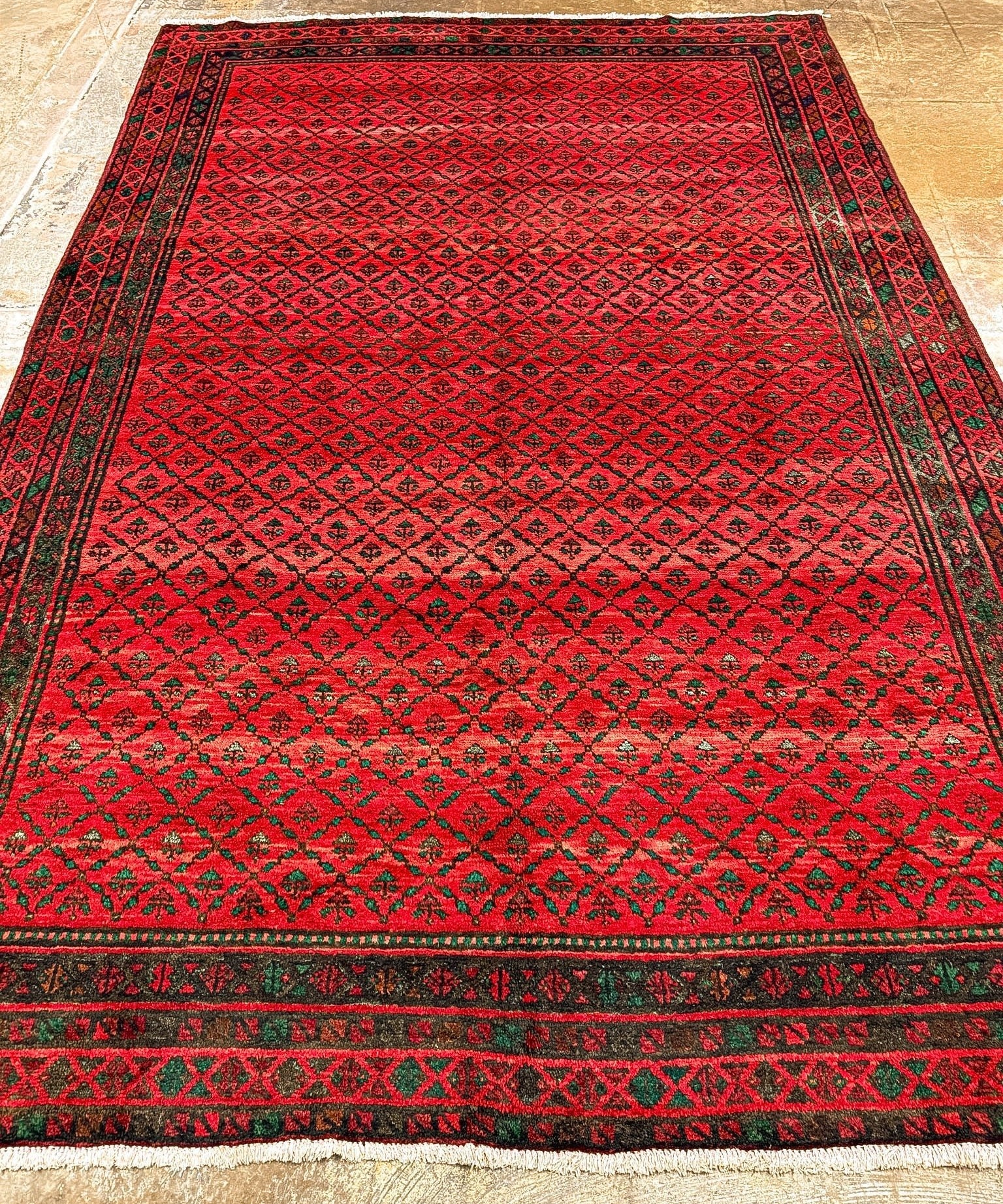Red area rug with dense diamond pattern, dark navy border stripes, and flat weave.