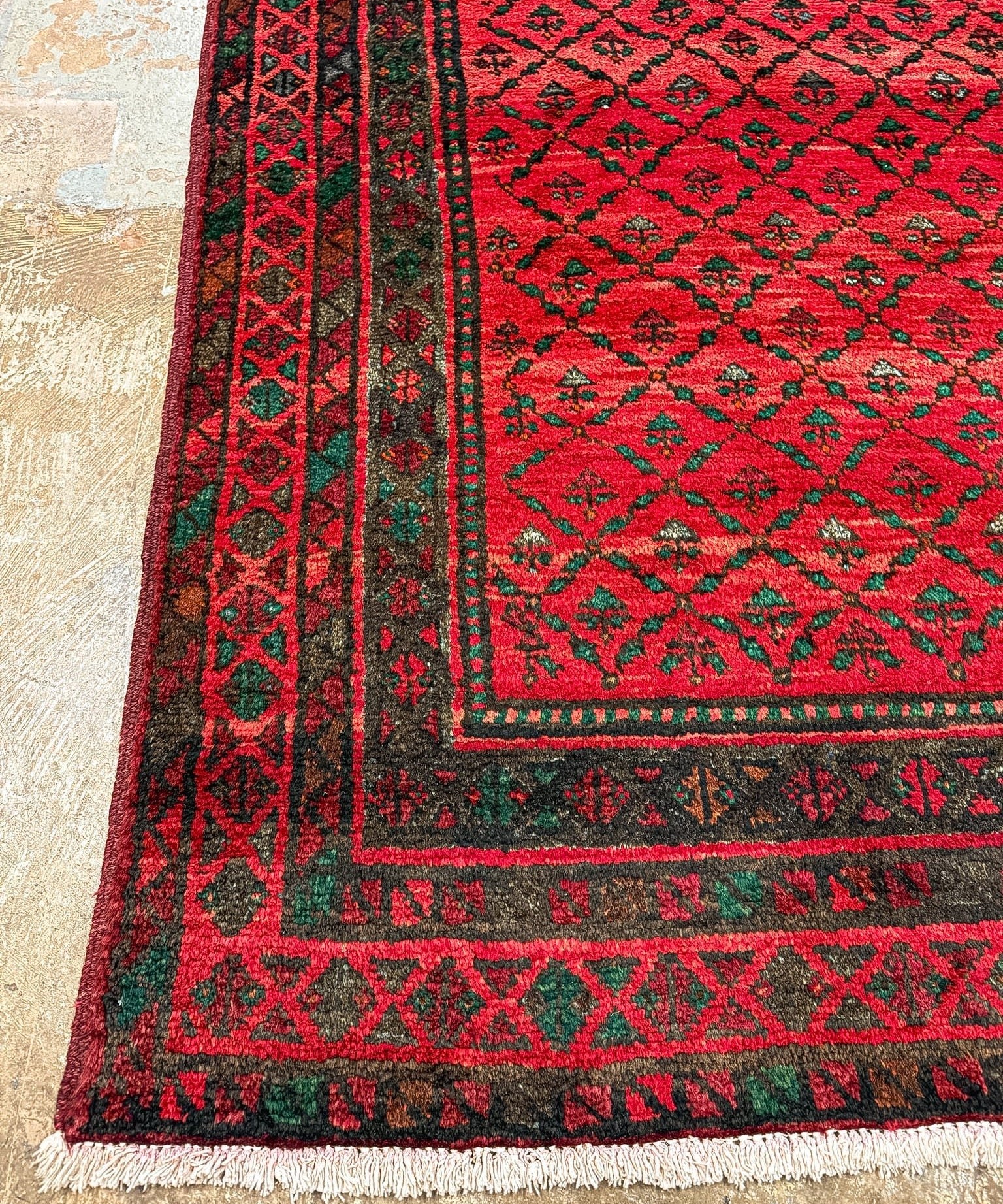 Red rug corner with dark central band, green accents, and detailed border medallions.