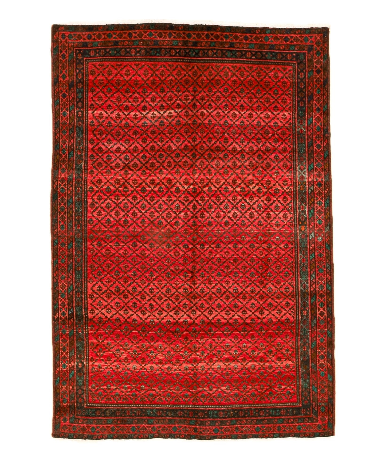 Red Persian-style area rug with geometric diamond pattern and dark border.