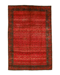 Red Persian-style area rug with geometric diamond pattern and dark border.