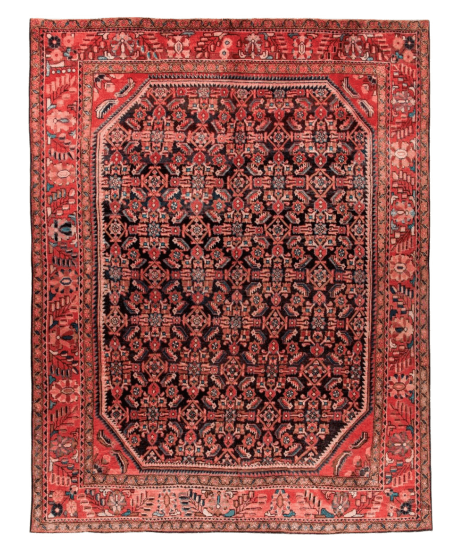Persian Hamadan rug with central dark medallion and red border on cream field