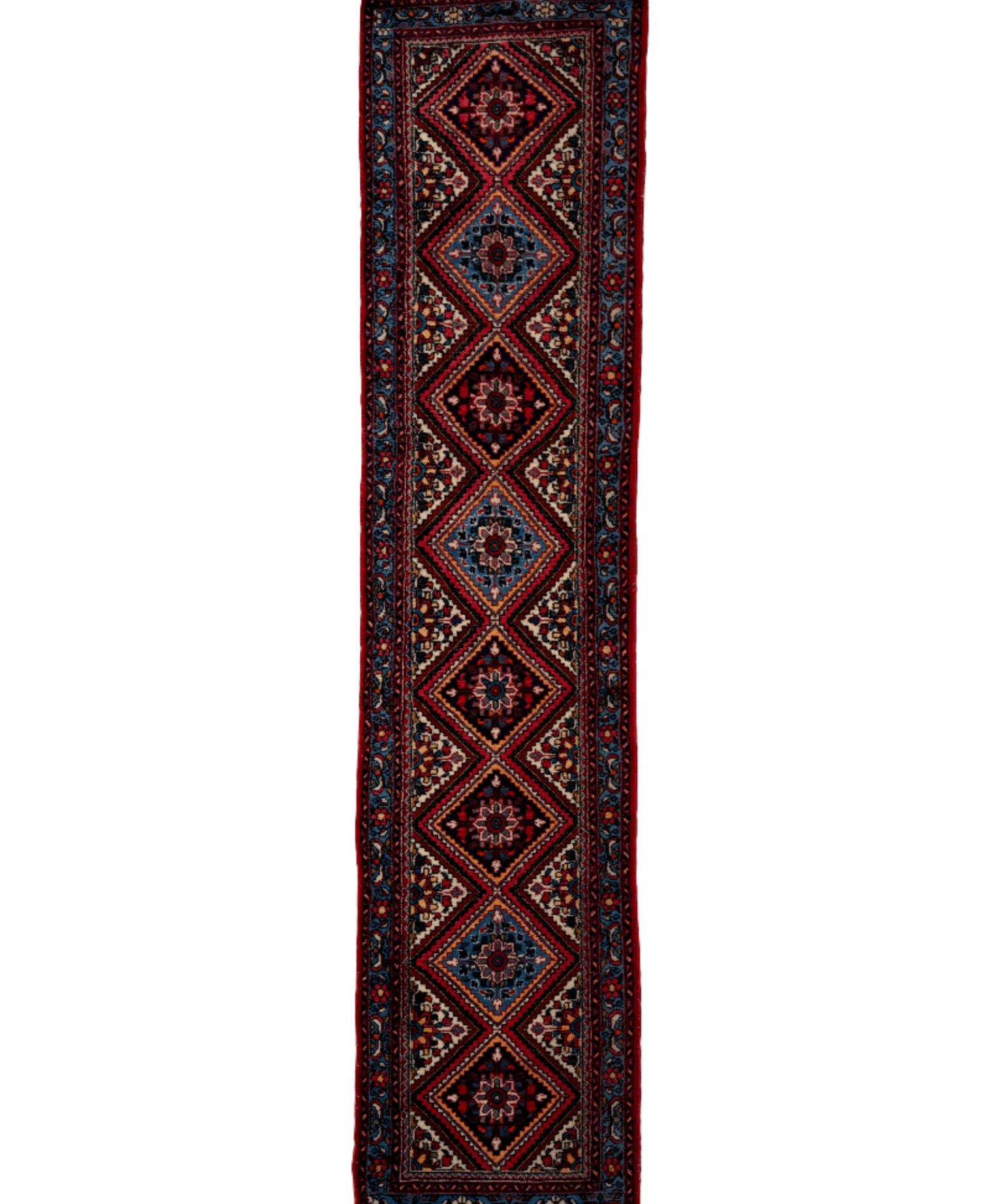 Hamadan runner rug with dark navy geometric diamond medallions and red border