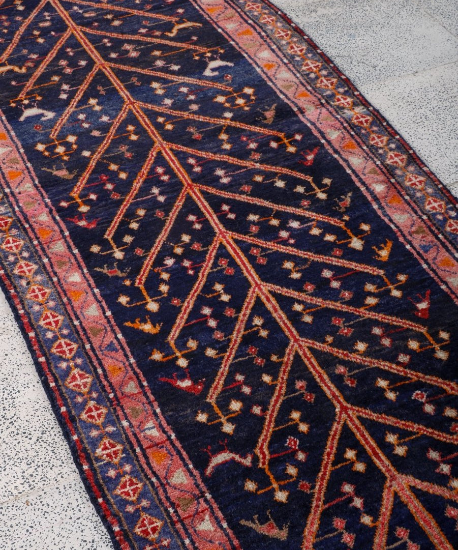 Navy runner rug border with red and orange stripes and repeating corner details