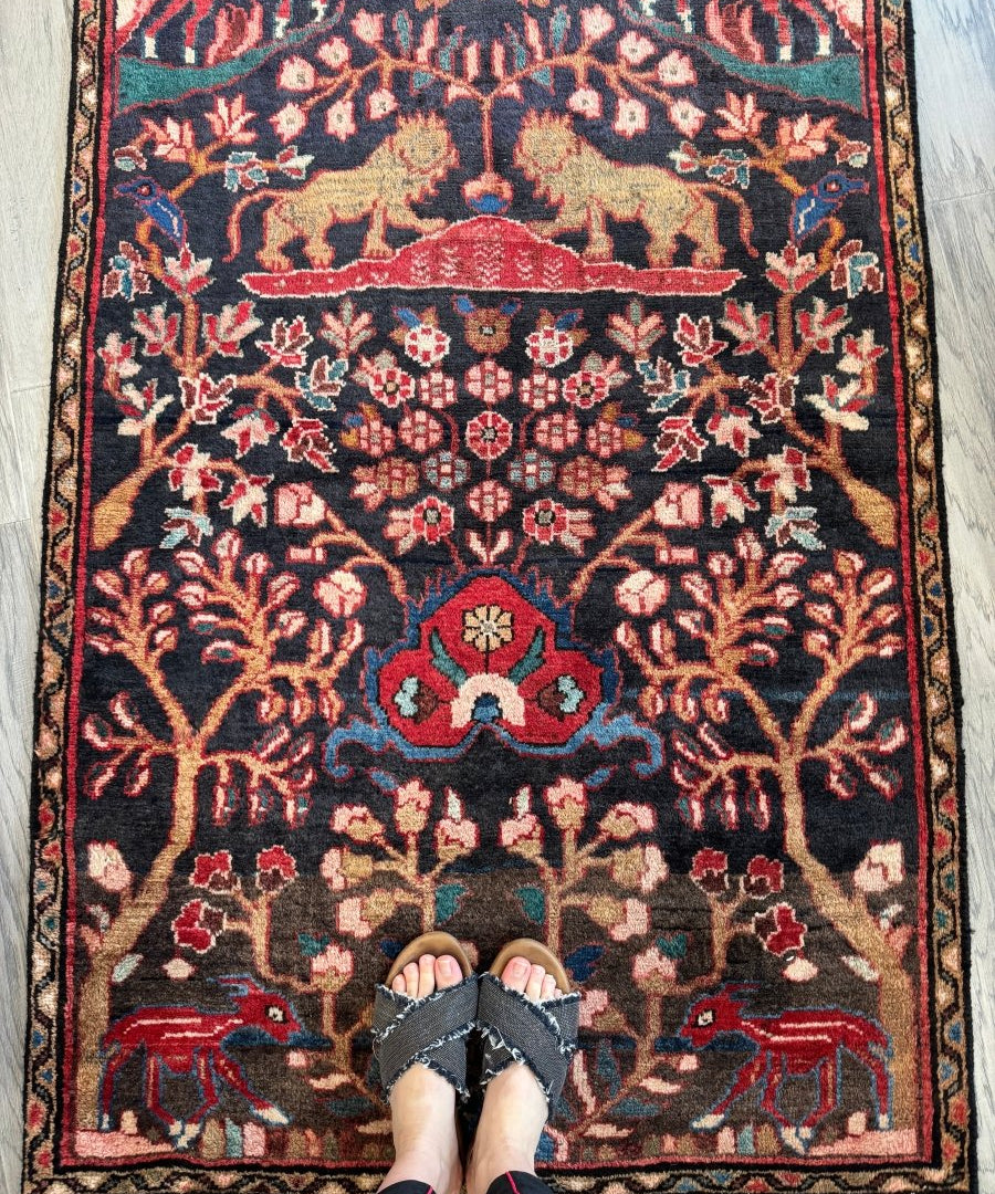 Persian Hamadan runner rug with dark navy base, red medallions, and animal motif border