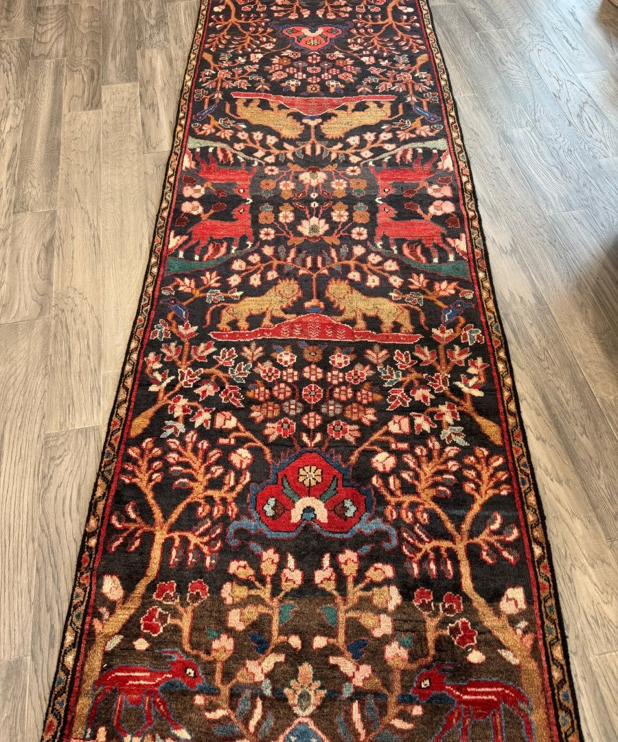 Persian Hamadan runner rug with dark navy field, red central design, and floral corner border