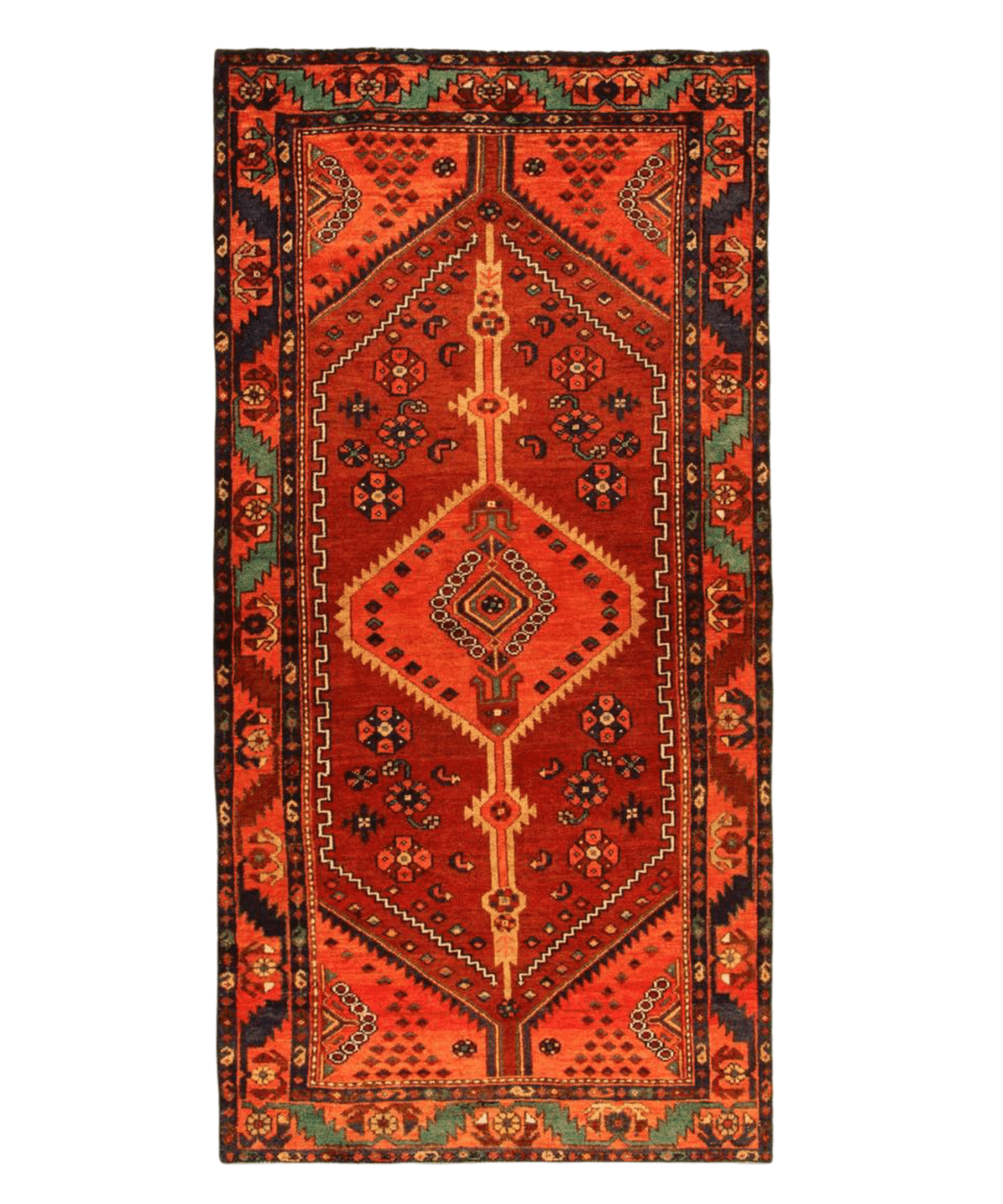 Persian Hamadan runner rug with bold red center medallion and navy border, fringed ends.