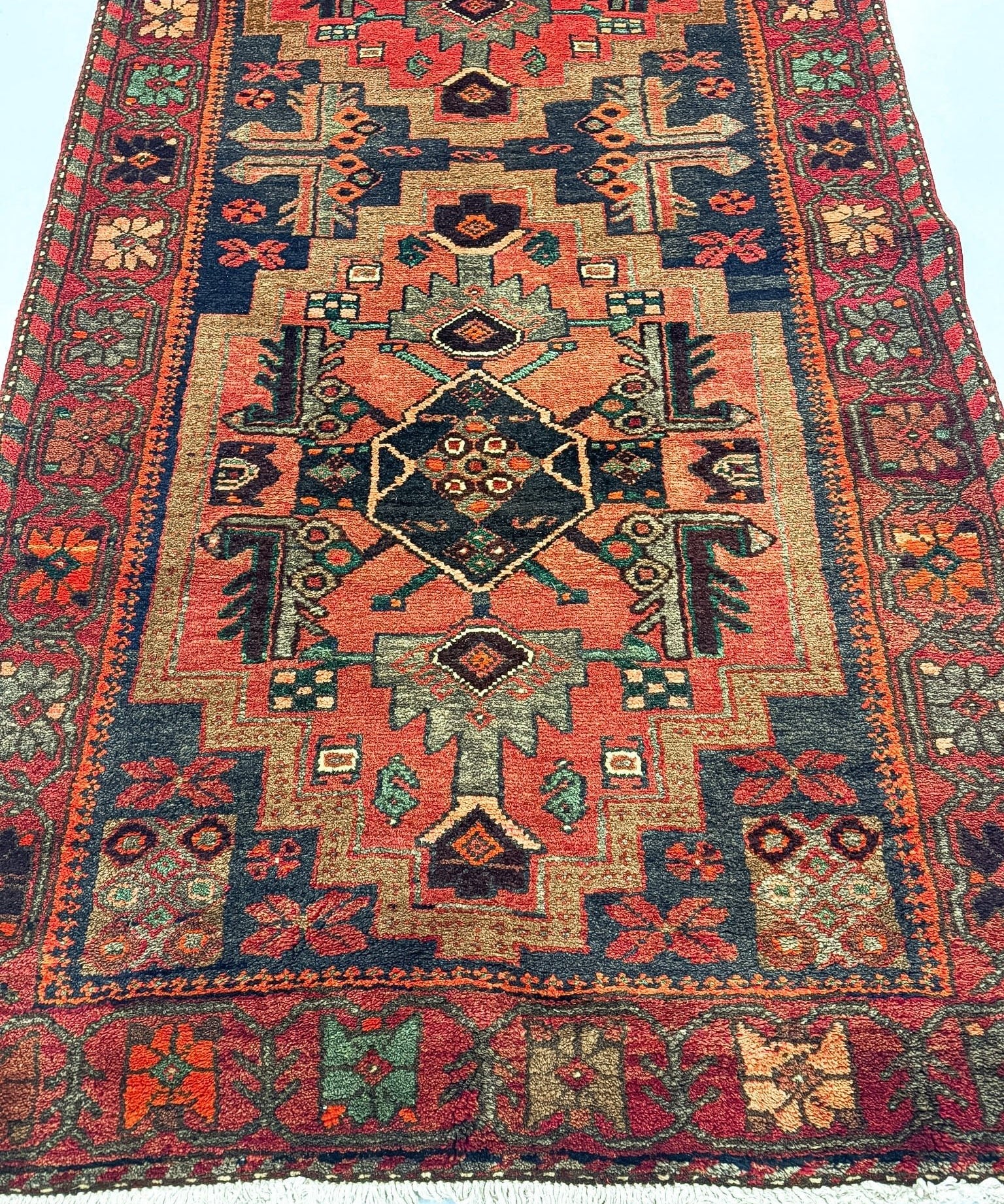 Persian Hamadan runner rug central diamond medallion in red, teal, and beige with patterned border
