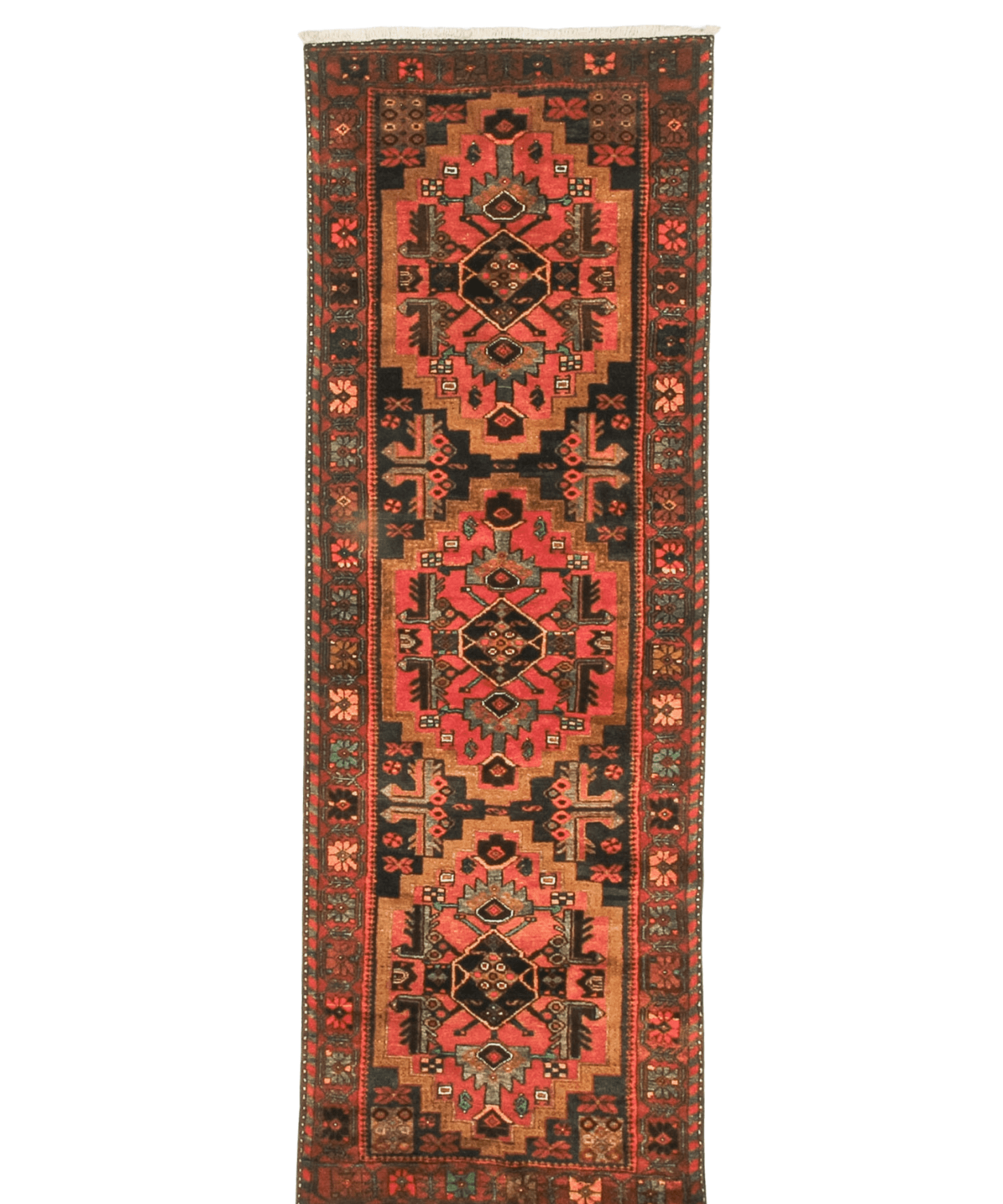 Persian Hamadan runner rug rectangular design in dark red, rust, and beige with white fringe