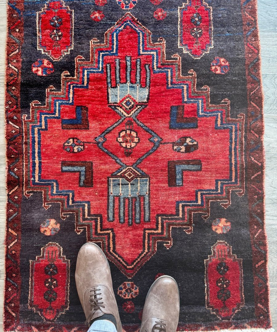 Persian-style rug in red, navy, and gray with central medallion and geometric border