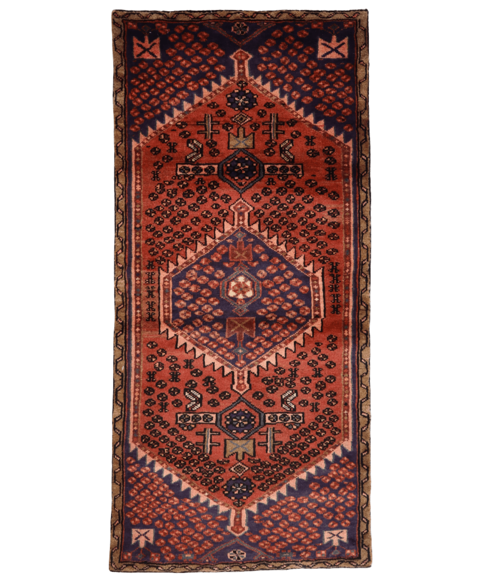 Persian Hamedan rug 2'9" x 6', rust red field with central diamond and navy accents