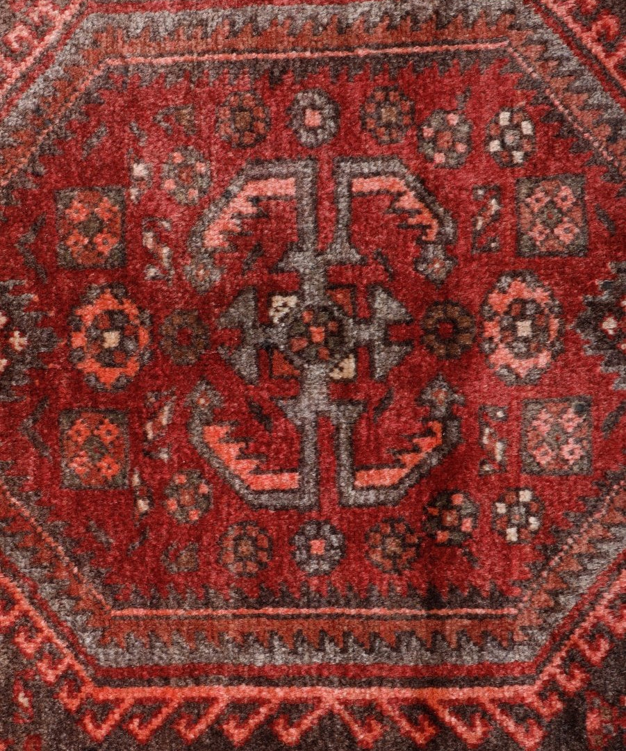 Persian Hamedan runner rug detailed medallion in red with multicolor diamond accents.