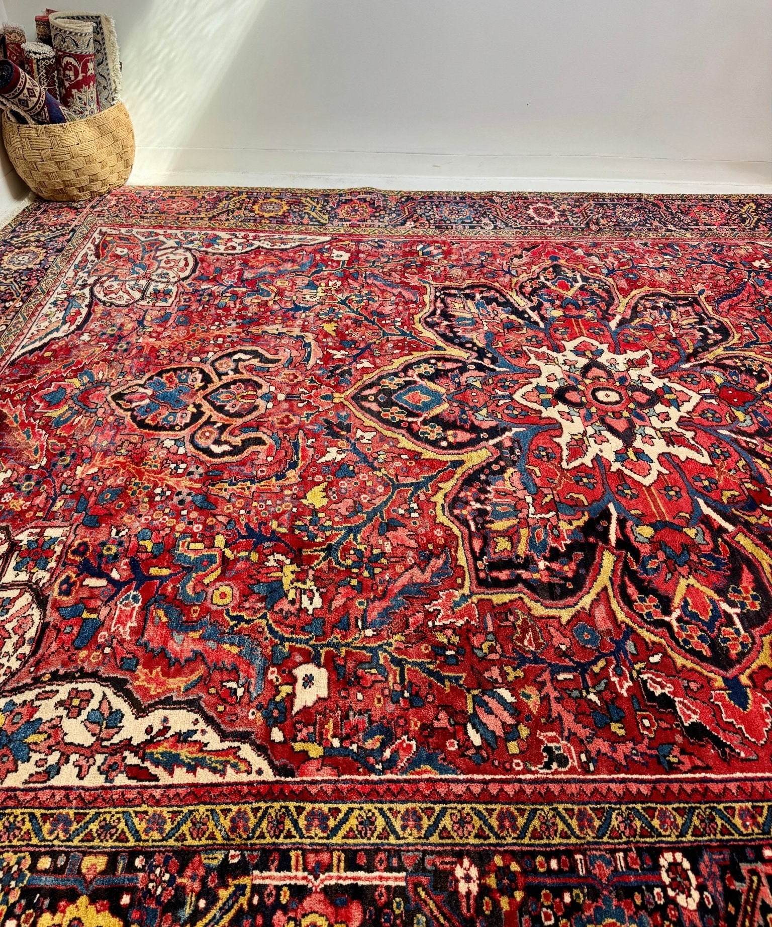 Persian Heriz rug wide view with red field, cream cartouches, and patterned edge border